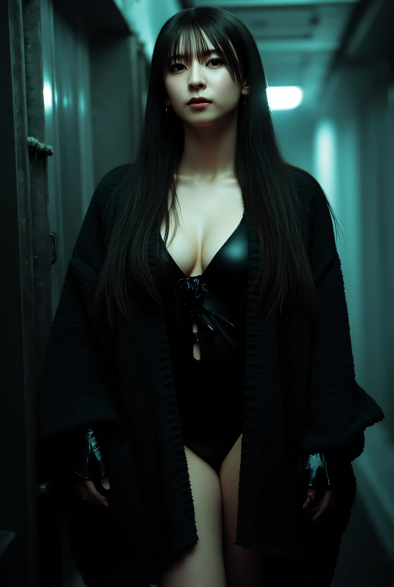 (((The dark interior of the Nostromo ship :2.0))),((( HR Gigger Style Cyberpunk Atmosphere :2.0))),(((Hold a cyberpunk-style Japanese sword:2.0))), standing,((whole body:2.0)), one woman,( cute face),(Beautiful well-balanced face ),(( natural big breasted :2.0)),( black hair:1.5),( beautiful eyes:1.3), glamorous shot of a 20 year old Japanese woman , Slender Beautiful Body ,(( model body type:2.0)),(( slim body with hot water:1.7)), perfect body line , ideal proportions ,(( big breasts:2.0)),((F cup breasts:1.5)),Big Breasts,Bare thighs, sensual thighs, delicate body,( Muscular:1.7),A harmonious posture,((Realistic breast depiction :1.7)), carefully depict limbs based on perfect anatomy,((Wear a samurai kimono-style military coat with an open front over a black super high-leg leotard :1.5)),(( is a super high-leg leotard made of camy-style latex that fits the body:1.5)),(( leotard that is tied from behind:1.5)),(ear monitor:1.5),((Tactical Holster:1.5)),( gloves:1.3), concept art ,( best quality:1.5),( Masterpiece:1.5),(超高resolution),resolution,UHD,( delicate depiction), carefully drawn with butterfly wings ,32K,(( realistic skin texture:1.5)),((( Super realistic :1.5))), eyelashes, highly detailed faces,Highly detailed female hand,Sexy appearance,Very sensual,(Blurry Dim Backgrounds :1.5), professional photography,( Movie Lighting:2.0),(( Blade Runner Style Lights :2.0))