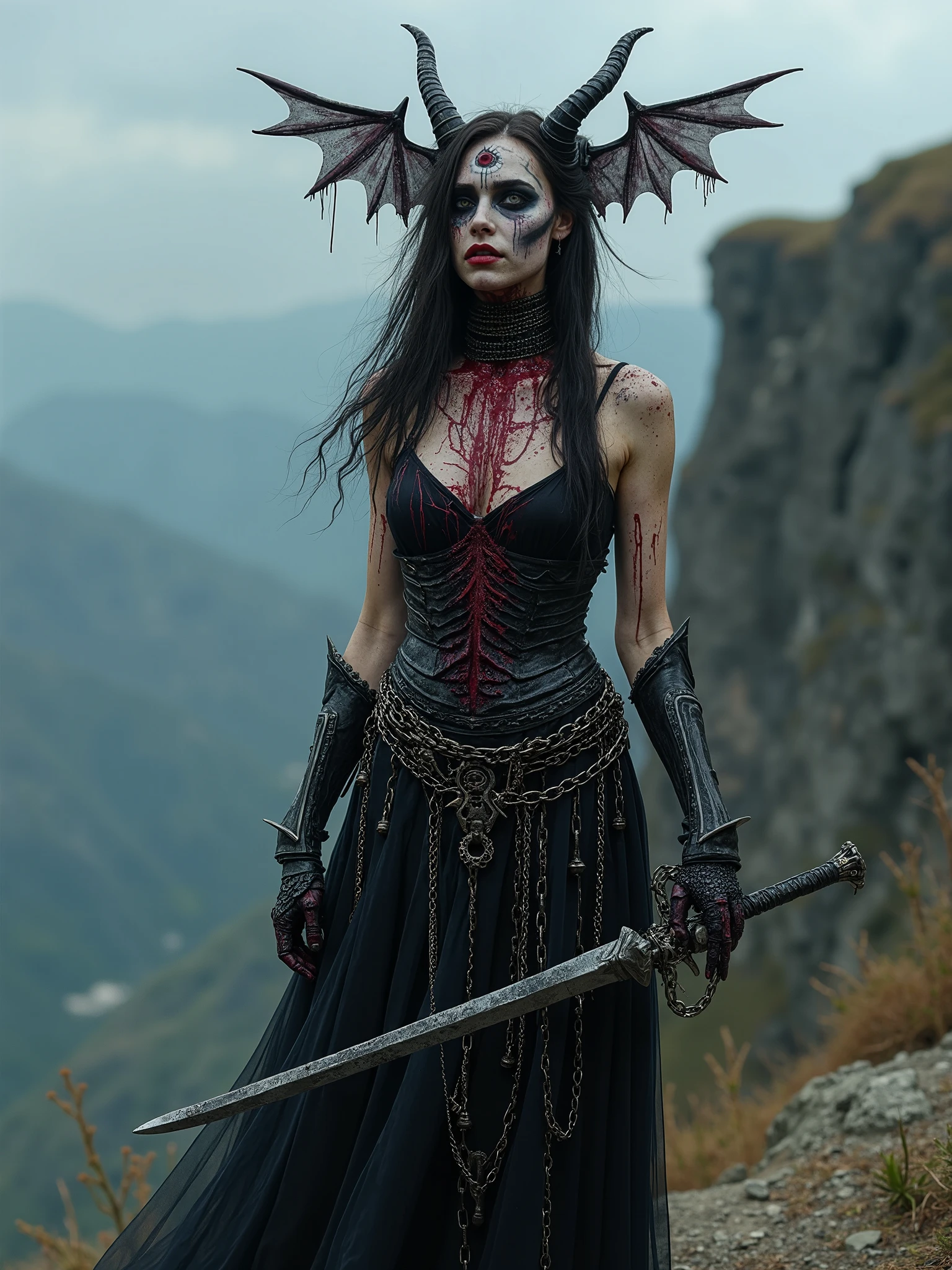  demon king( dark twisted, ling horns, holding black red cursed sword with demonic figure, standing near a beautiful maiden wearing white blooded clothes with) 4k hyper realistic image 4k ultra hd.