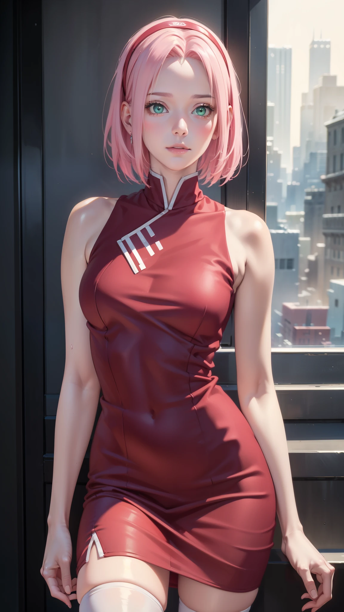 (Realistic lighting, Best quality, 16K, Masterpiece: 1.7)), Clear focus: 1.2, 1girl, Perfect Figure: 1.4, Slim Abs: 1.1, Extremely detailed CG8K painting, high color, Extremely high color saturation, All colors are deepened, painting, graffiti art, central composition, film movie still、1girl in、It's standing、20 years、pale-skinned、innocent smiles、white stockings、((A detailed face))、(Detailed skin)、Moist with intricate details、Shallow depth of field、[volume fog、shot at 8k resolution、Sakura Haruno, A pink-haired,short detailed hair, Red headband, ((detailed transparent tight red dress)), Green eyes,Close-up, whole body, standing pose