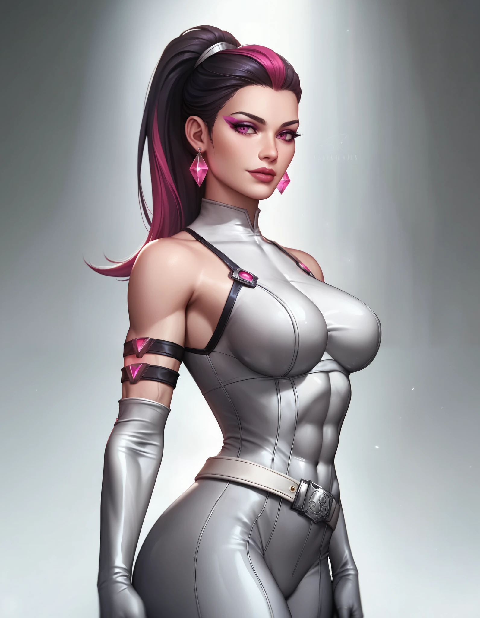 (((short arms))), ((( zombie nurse suit ))), (((bandaged arms))), ((high collar)), (((black with pink details))), (((best qualityer: 1.4))), (Unbeatable masterpiece), (hiper HD),(CG 8k hyper-realistic), (((brave face))), (((breasts big))), (((hyper feminine))), sexly girl, Tron,(black bob hair)), ((( sculptural body ))), (((1 Kizi))), Kizi cibernética de 25 anos com perfectbody,,Beautiful and well-groomed face,muscular body:1.2,solid color detailed jacket, (Head to thigh photos), Complex equipment, green dark,Long pants,Tight clothes are dark,With white stars and off-white stripes,,,,,Armor Metal Electronic Parts, Poison tattoos ) INFO, Kizi, (((standing alone))), pirralha violent, ((())), sexly, pose de atitude, work of art, post-apocalypse, (((manga style))), bounty hunter, violent, Manic, the way you want, slenderbody, thin but strong, perfectbody, roupa moderna, advanced technology, neon, sleeves with vertical striped pattern, neutral background, (( cowboy shot )). intricate visual