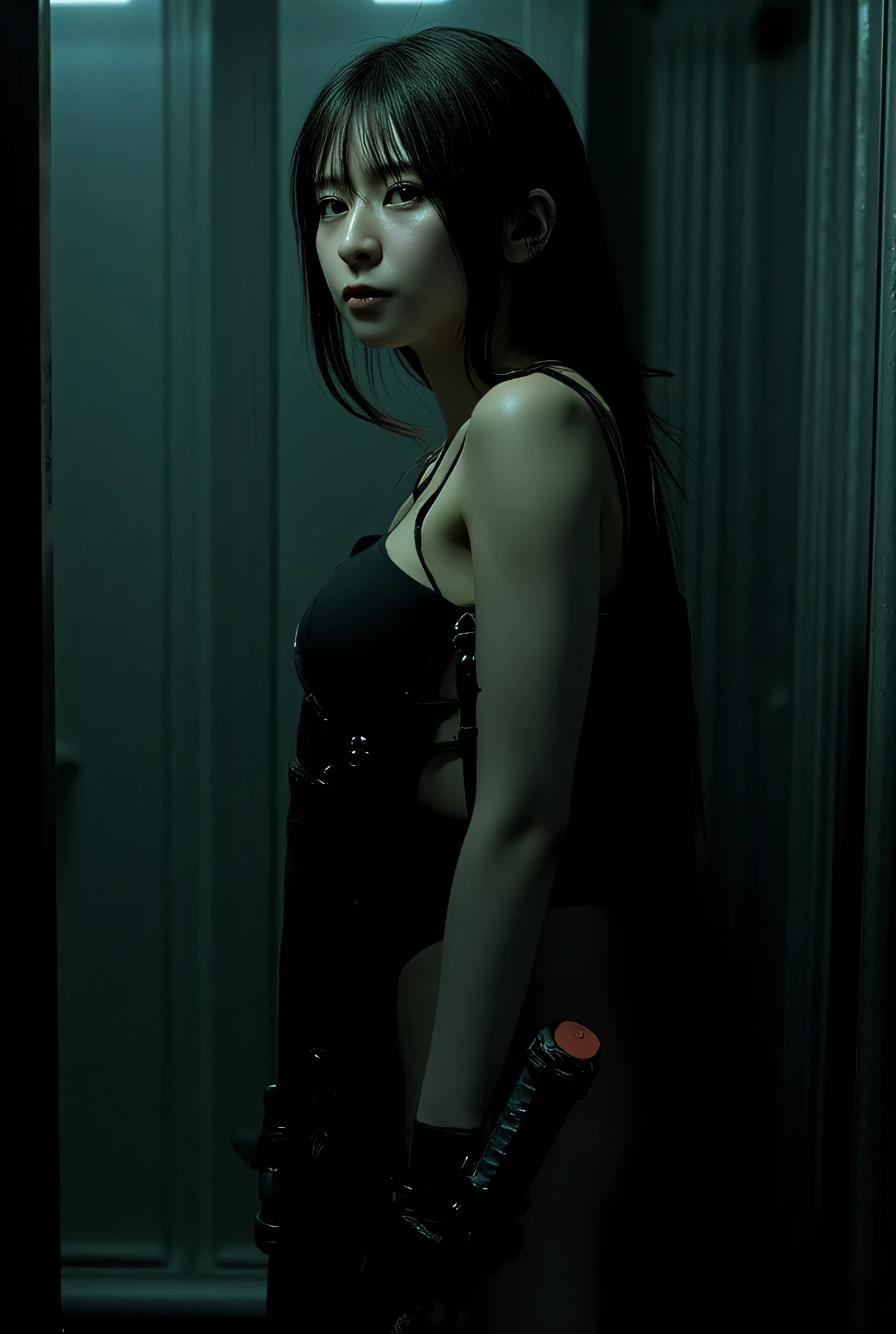 (((The dark interior of the Nostromo ship :2.0))),((( HR Gigger Style Cyberpunk Atmosphere :2.0))),(((Hold a cyberpunk-style Japanese sword:2.0))),Side view from the back ,Side pose,(( Look Back and Look at the Camera:2.0)),(( looking back over my shoulder :2.0)),Rear View,((whole body:2.0)), one woman,( cute face),(Beautiful well-balanced face ),(( natural big breasted :2.0)),( black hair:1.5),( beautiful eyes:1.3), glamorous shot of a 20 year old Japanese woman , Slender Beautiful Body ,(( model body type:2.0)),(( slim body with hot water:1.7)), perfect body line , ideal proportions ,( big breasts:2.0),Bare thighs, sensual thighs, delicate body,( Muscular:1.5),A harmonious posture,((Beautiful ass:2.0)),((cute ass:2.0)), ((((Bare ass :2.0)))),((( T-back :2.0))),(Realistic breast depiction :1.5), carefully depict limbs based on perfect anatomy,((Wear a samurai kimono-style military coat with an open front over a black super high-leg leotard :2.0,(( is a super high-leg leotard made of camy-style latex that fits the body:1.5)),(( Samurai kimono-style military jacket with the front open over a leotard:1.5)),(ear monitor:1.5),((Tactical Holster:1.5)),( gloves:1.3), concept art ,( best quality:1.5),( Masterpiece:1.5),(超高resolution),resolution,UHD,( delicate depiction), carefully drawn with butterfly wings ,32K,(( realistic skin texture:1.5)),((( Super realistic :1.5))), eyelashes, highly detailed faces,Highly detailed female hand,Very sensual,(Blurry Dim Backgrounds :1.5), professional photography,( Movie Lighting:2.0),(( Blade Runner Style Lights :2.0))