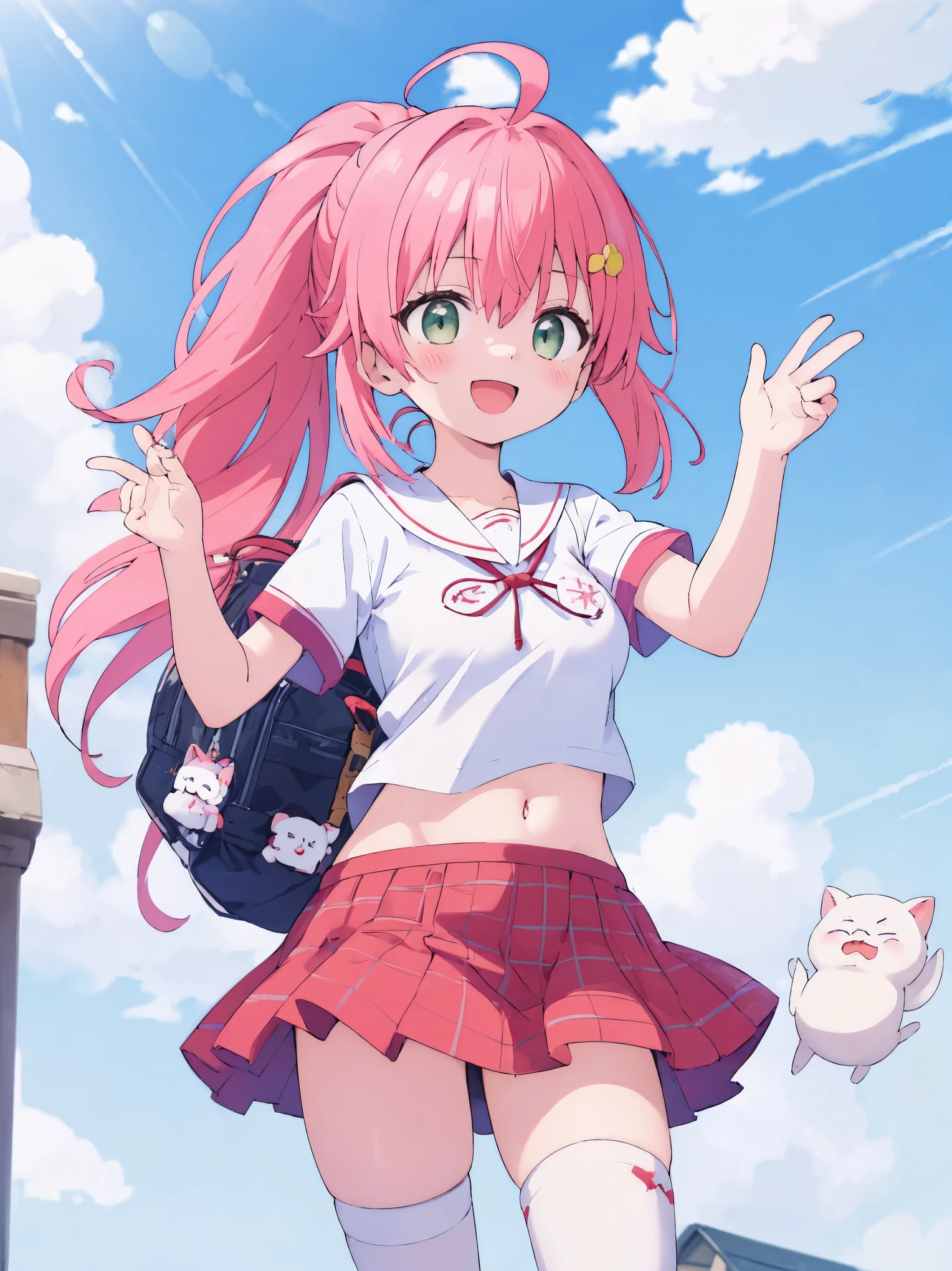 masterpiece, best quality, 1 _girl, solo, MikoSchool,ahoge,pink_hair,(short_ponytail:1.3), hairclip, white shirt, sailor_collar, pink_skirt, plaid, white_thighhighs, short_sleeves, looking through legs,big_smile,large_breasts,midriff,happy, excited,open_mouth,large_droopy_eyes