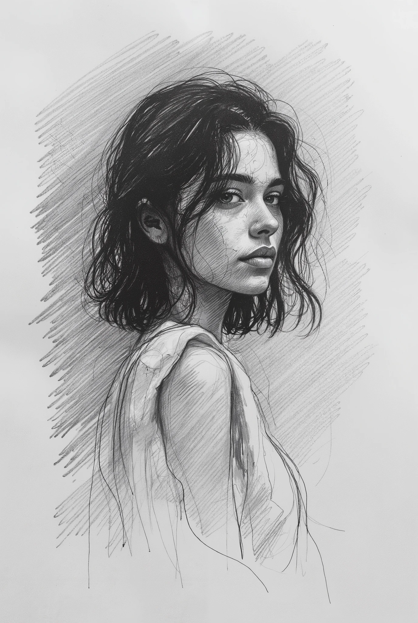 ((Esquisse)),Croquis au fusain, une fille à l’expression mélancolique, atmosphère lyrique, haut du corps, cheveux moyens doux, chemisier sans manches doux, 8k,