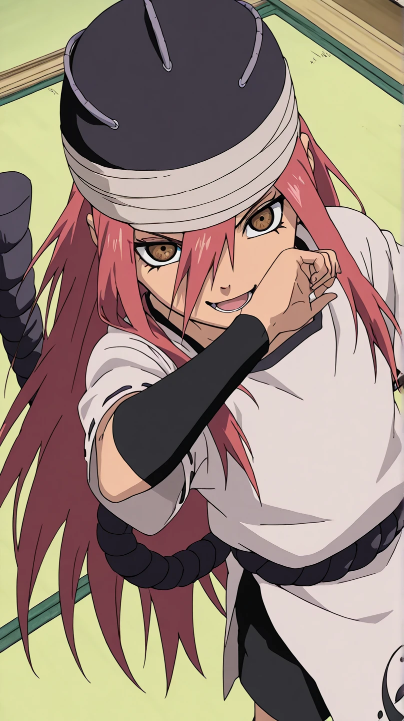 Tayuya,
High quality ,  best quality , masterpiece,  High Resolution , detailed face( LoRA: Tayuya),anatomically correct, detailed hair Style( LoRA: Tayuya),anime Coloring
solo, 1 girl
, red hair, long hair, brown eyes,
 tunic, black arm warmers, black shorts, black hat
looking at viewer ,close up,from above,upper body
Japanese-style room,tatami
smile,open mouth