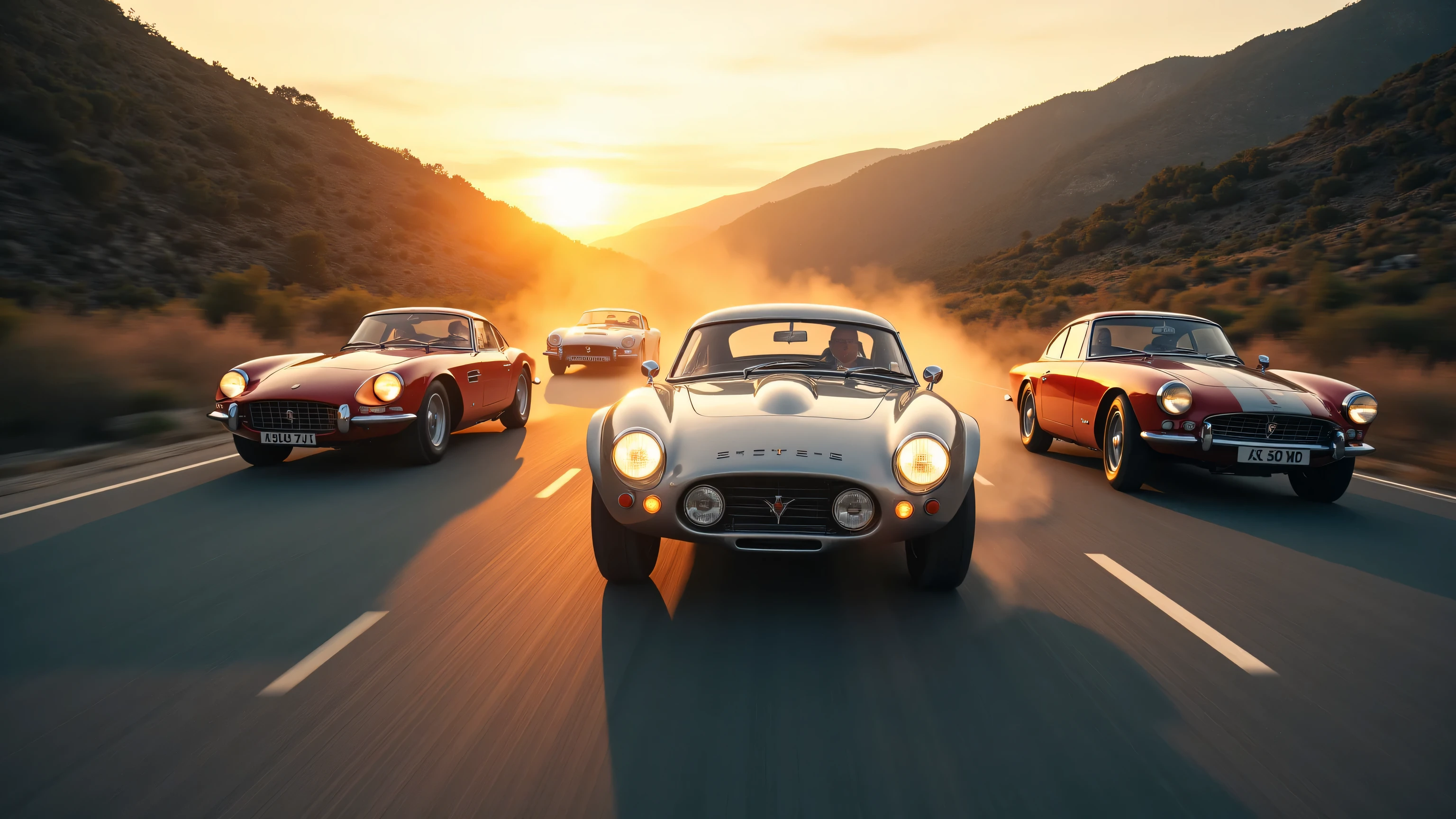 ((masterpiece, best quality, 8k, highly detailed, dynamic angle, dramatic lighting, motion blur, speed lines, racing scene, Intricate:1.35)), winding mountain road, 5 vintage sports cars racing towards camera, dynamic composition, fan formation, (from back to front), dust and smoke effects,
specific cars: (Porsche 911 classic, Jaguar E-Type, Ferrari 250 GT, AC Cobra, BMW 507), metallic paint, reflective surfaces, chrome details, headlights on,
cinematic composition, dramatic sunset lighting, depth of field, rule of thirds, professional photography, car commercial style