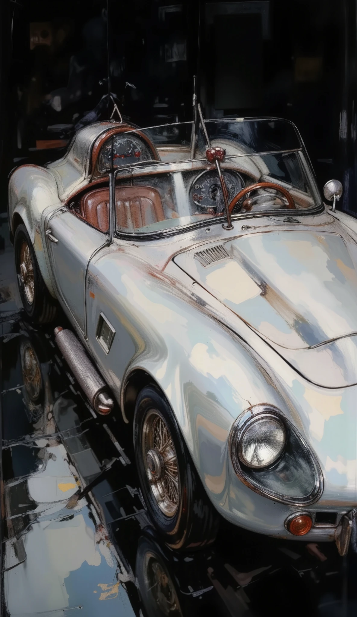 a classic vintage sports car, highly detailed, photorealistic, 8K, best quality, Masterpiece, ultra-detailed, sharp focus, physically-based rendering, Professional, vivid colors, reflective metal body, chrome accents, sleek aerodynamic design, leather interior, dashboard with analog gauges, wire-spoke wheels, sunlight glinting off the surface, atmospheric lighting, dramatic shadows, cinematic composition, foto de una sesión promocional , hyperrealistic style , ( BLACK BACKGROUND ) Chiaroscuro, Iluminación cinematográfica , Fujicolor, U high definition, retina, masterpiece, Precise, color transformation , Textured leather, super detail , tall details , High Quality, awarded, the best quality , high resolution , 1080P, high definition, 16K