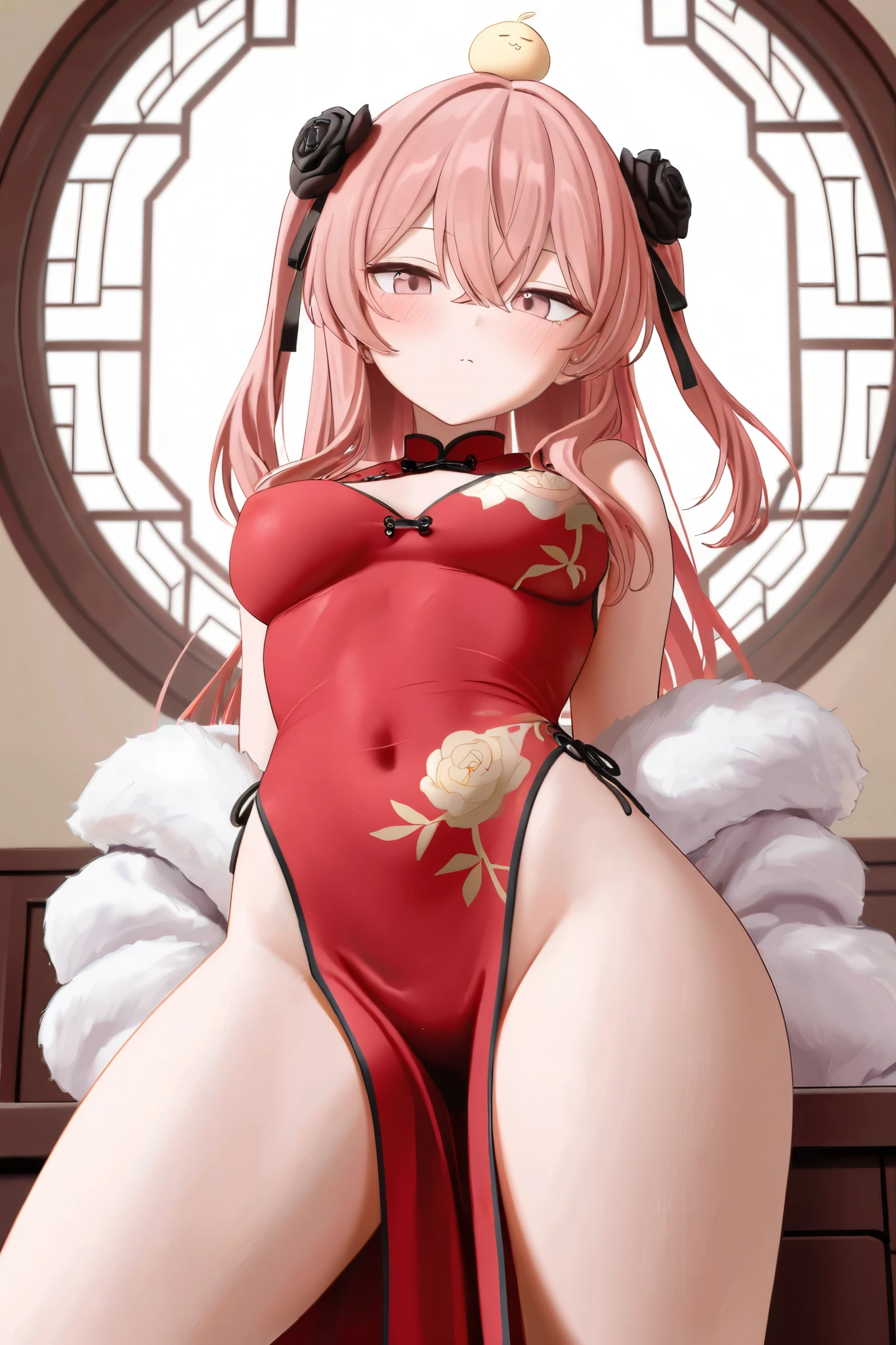 ((best quality)), ((masterpiece)), (detailed), 1girl, off-shoulder sweater, NSFW, small breasts, prominent collarbones, skinny arms, flat stomach, visible hip bones, ponytail, thick ponytail, heavy ponytail, red and white clothing, full body, whole body, body, NSFW, full body, whole body, head-to-toe NSFW