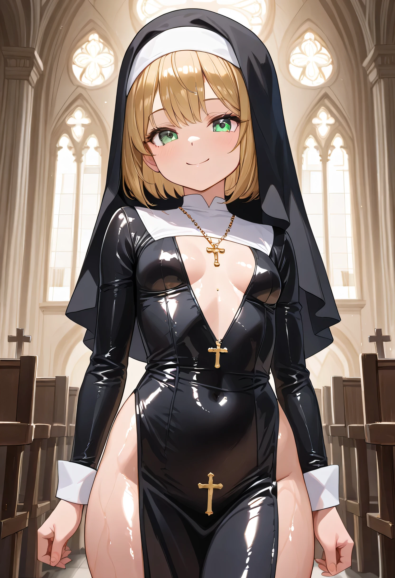 1girl, solo, asuna, large breasts, smiling, ((nun super micro small outfit), nun veil, necklace), church background, beautiful face, perfect detailed lines, (masterpiece), no blur, 8k image. Super tight, translucent micro clothes, small mini lace lingerie, hard nipples, super smal clothes, detailed skin, perfect details, ((half naked)), full body picture