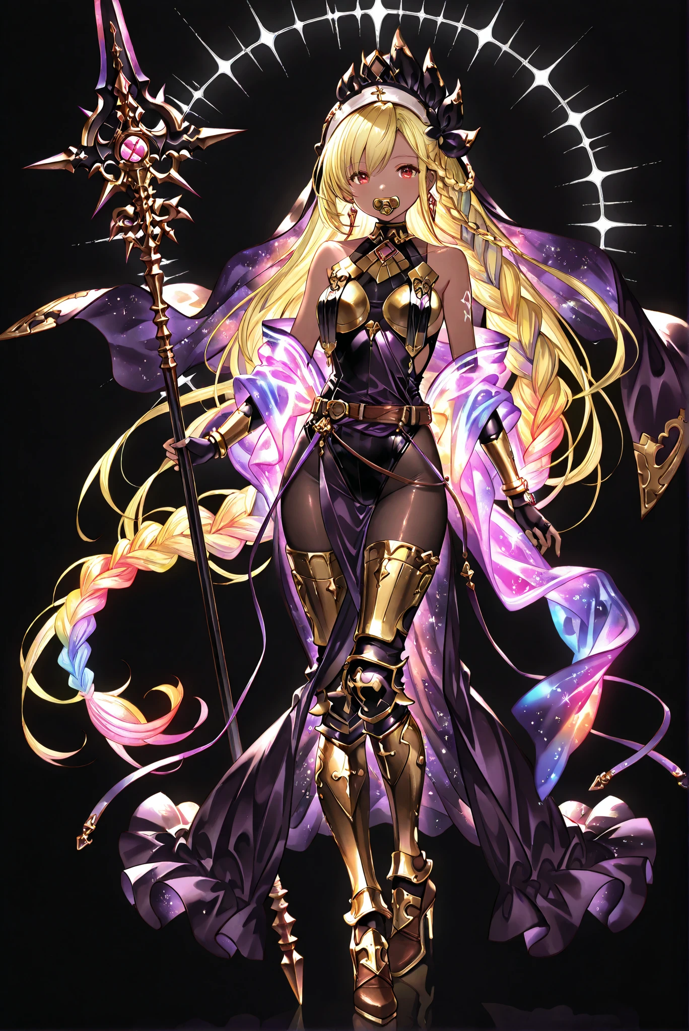 of_HARP, cosplay, chest armor, clothing cutout, belt, bracers, leg armor, brown footwear, highleg leotard, armor, bare shoulders, fingerless gloves, bracers,jewelry, earrings,weapon, spear, holding weapon,ruanyi0847,bodysuit,breast curtains,dress,nun,pantyhose,pelvic curtain
1 , Glowing kimono, Glitter , Purple Kimono ,
( stands,whole body, high heels, front view,Standing picture:1.7),HoleHeels,oval/Circle/Thorn/Horn Heels,, Limited Color Palette , Black Background ,Colorful, vivid colors ,Flashing silhouette ,neon,black light ,watch, Masterpiece, very beautiful ,, shiny skin, black dress, backless dress, golden ornaments, arm tattoo, , Granblue_ fantasy, Helel_Ben_Shalem, dark skin, Blonde, long hair, braid, red eyes, pacifier,