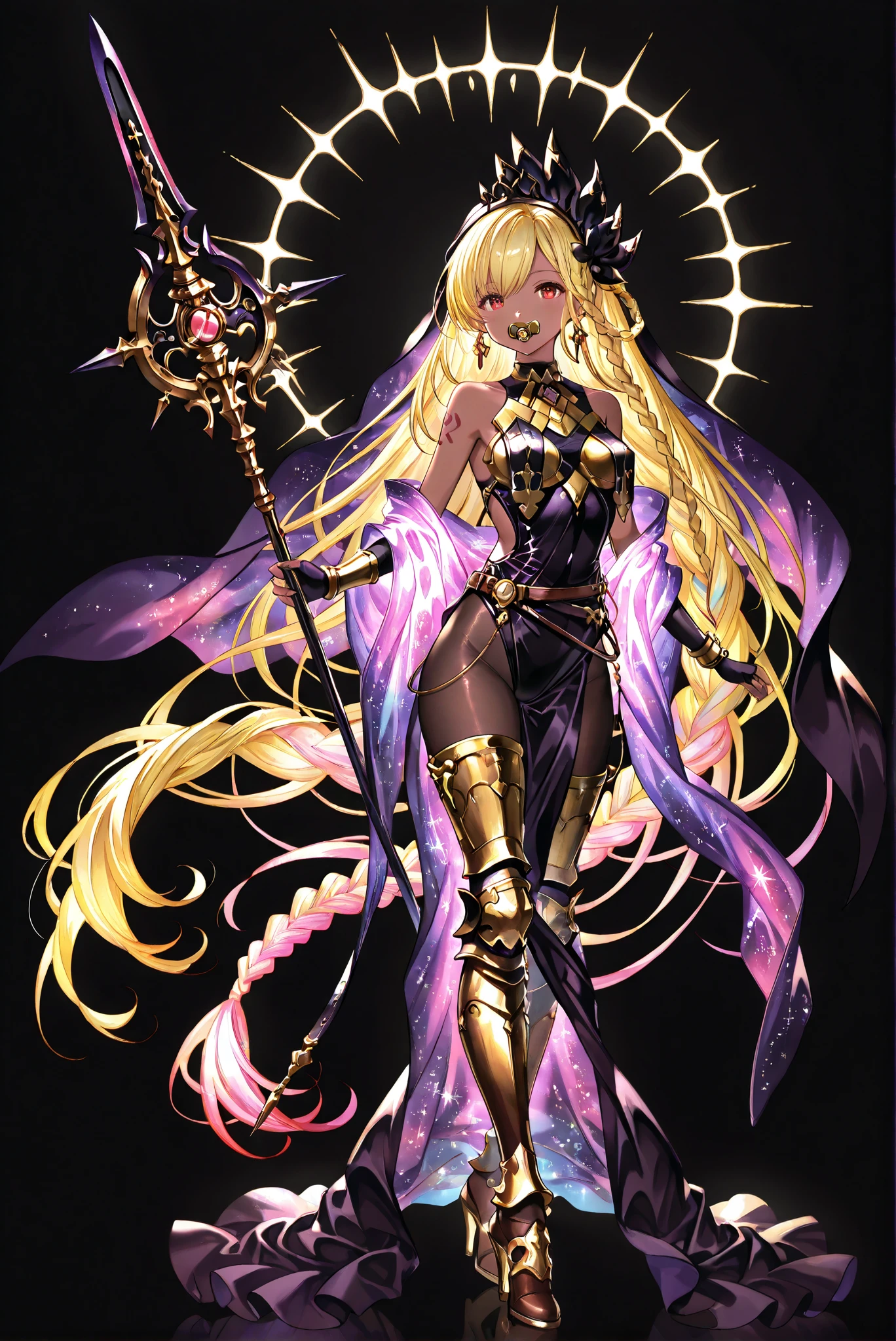 of_HARP, cosplay, chest armor, clothing cutout, belt, bracers, leg armor, brown footwear, highleg leotard, armor, bare shoulders, fingerless gloves, bracers,jewelry, earrings,weapon, spear, holding weapon,ruanyi0847,bodysuit,breast curtains,dress,nun,pantyhose,pelvic curtain
1 , Glowing kimono, Glitter , Purple Kimono ,
( stands,whole body, high heels, front view,Standing picture:1.7),HoleHeels,oval/Circle/Thorn/Horn Heels,, Limited Color Palette , Black Background ,Colorful, vivid colors ,Flashing silhouette ,neon,black light ,watch, Masterpiece, very beautiful ,, shiny skin, black dress, backless dress, golden ornaments, arm tattoo, , Granblue_ fantasy, Helel_Ben_Shalem, dark skin, Blonde, long hair, braid, red eyes, pacifier,