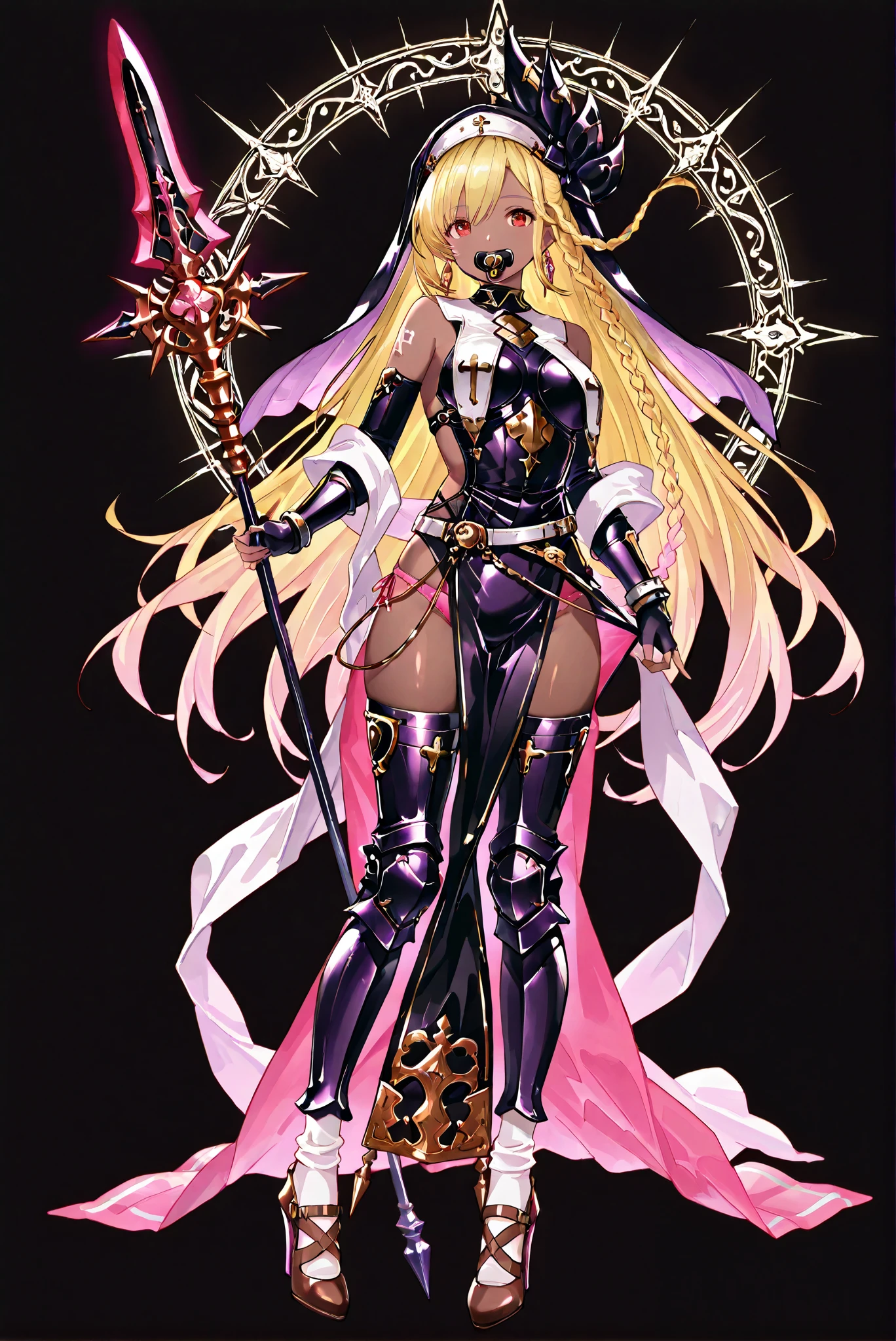 of_HARP, cosplay, chest armor, clothing cutout, belt, bracers, leg armor, brown footwear, highleg leotard, armor, bare shoulders, fingerless gloves, bracers,jewelry, earrings,weapon, spear, holding weapon,ruanyi0847,bodysuit,breast curtains,dress,nun,pantyhose, pelvic curtain
Wear a gorgeous pink dress, With Ruffles and Pleats ,The skirt is very short , A white scarf on the neck , Edges With Gold Trim , Pink Letters In The Middle Written "ren" : [x} 「Foolish Sinner 」 , Purple Steel Collar ,上面有一個With 有破碎太陽標籤的鈴鐺, White socks and pink boots On the heel sock , With , Thick Diaper Under Clothes , Pink Plastic Panties On The Diaper ,
( stands,whole body, high heels, front view,Standing picture:1.7),HoleHeels,oval/Circle/Thorn/Horn Heels,, Limited Color Palette , Black Background ,Colorful, vivid colors ,Flashing silhouette ,neon,black light ,watch, Masterpiece, very beautiful ,, shiny skin, black dress, backless dress, golden ornaments, arm tattoo, , Granblue_ fantasy, Helel_Ben_Shalem, dark skin, Blonde, long hair, braid, red eyes, pacifier,