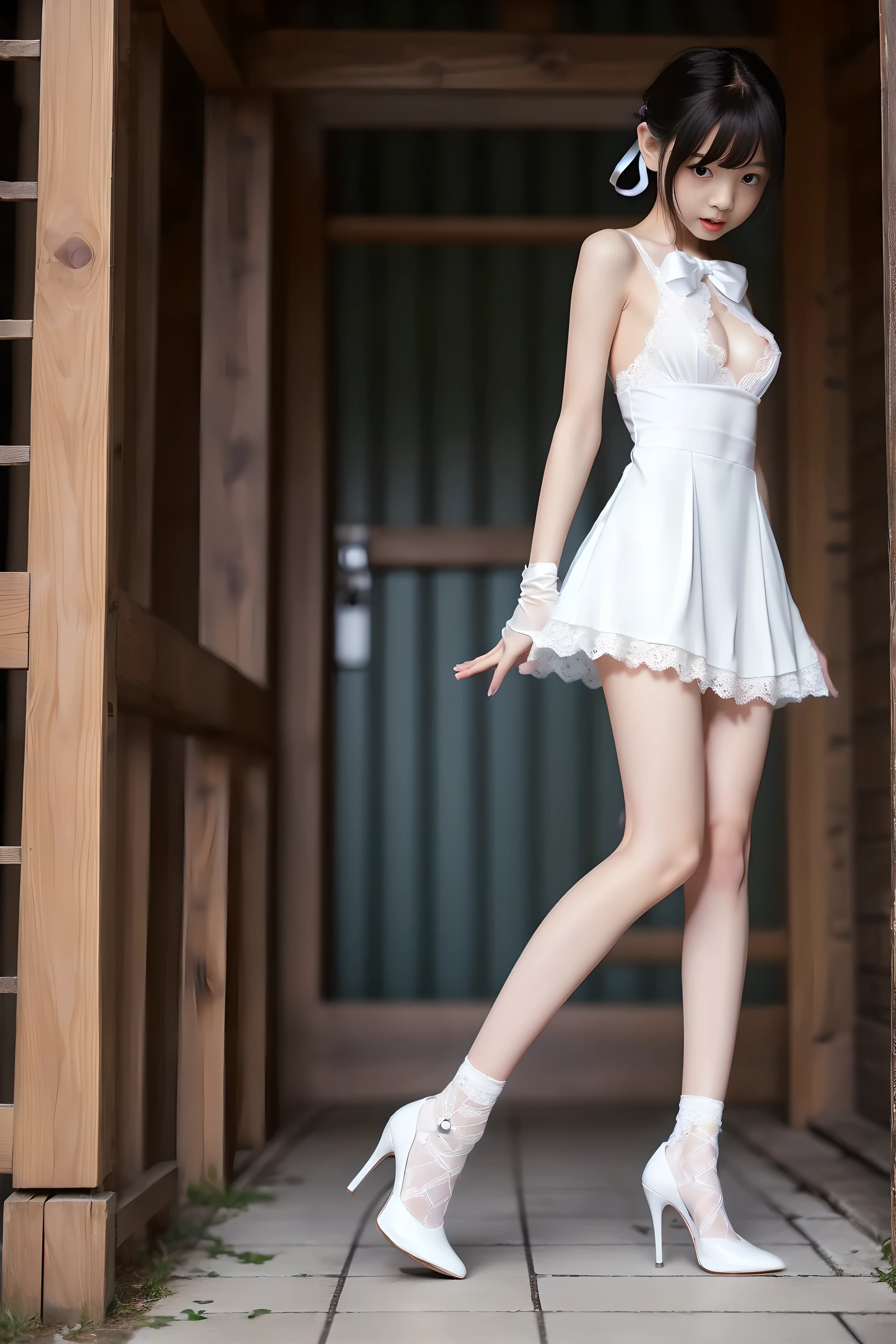 best quality,8k,masterpiece,1girl, gufeng,beautiful face,short dress,solo, blue eyes, blue hair, long hair, cleavage, hair over one eye, looking at viewer,