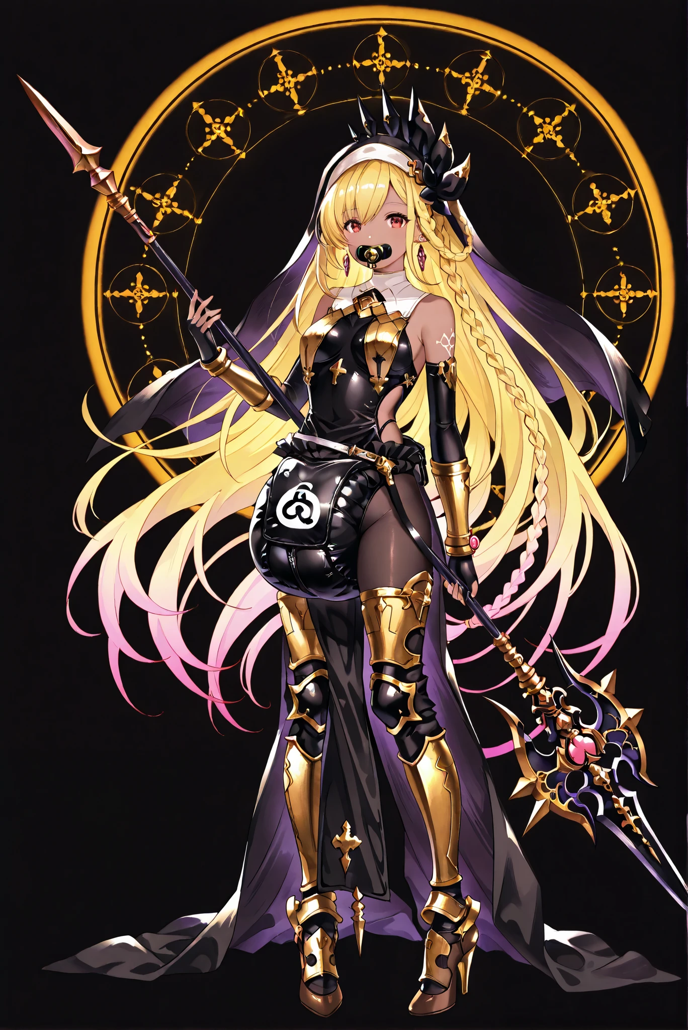 of_HARP, cosplay, chest armor, clothing cutout, belt, bracers, leg armor, brown footwear, highleg leotard, armor, bare shoulders, fingerless gloves, bracers,jewelry, earrings,weapon, spear, holding weapon,ruanyi0847,bodysuit,breast curtains,dress,nun,pantyhose, pelvic curtain
Diaper clothes, black diaper coat , Bag lock symbol , oversized diaper ,
( stands,whole body, high heels, front view,Standing picture:1.7),HoleHeels,oval/Circle/Thorn/Horn Heels,, Limited Color Palette , Black Background ,Colorful, vivid colors ,Flashing silhouette ,neon,black light ,watch, Masterpiece, very beautiful ,, shiny skin, black dress, backless dress, golden ornaments, arm tattoo, , Granblue_ fantasy, Helel_Ben_Shalem, dark skin, Blonde, long hair, braid, red eyes, pacifier,