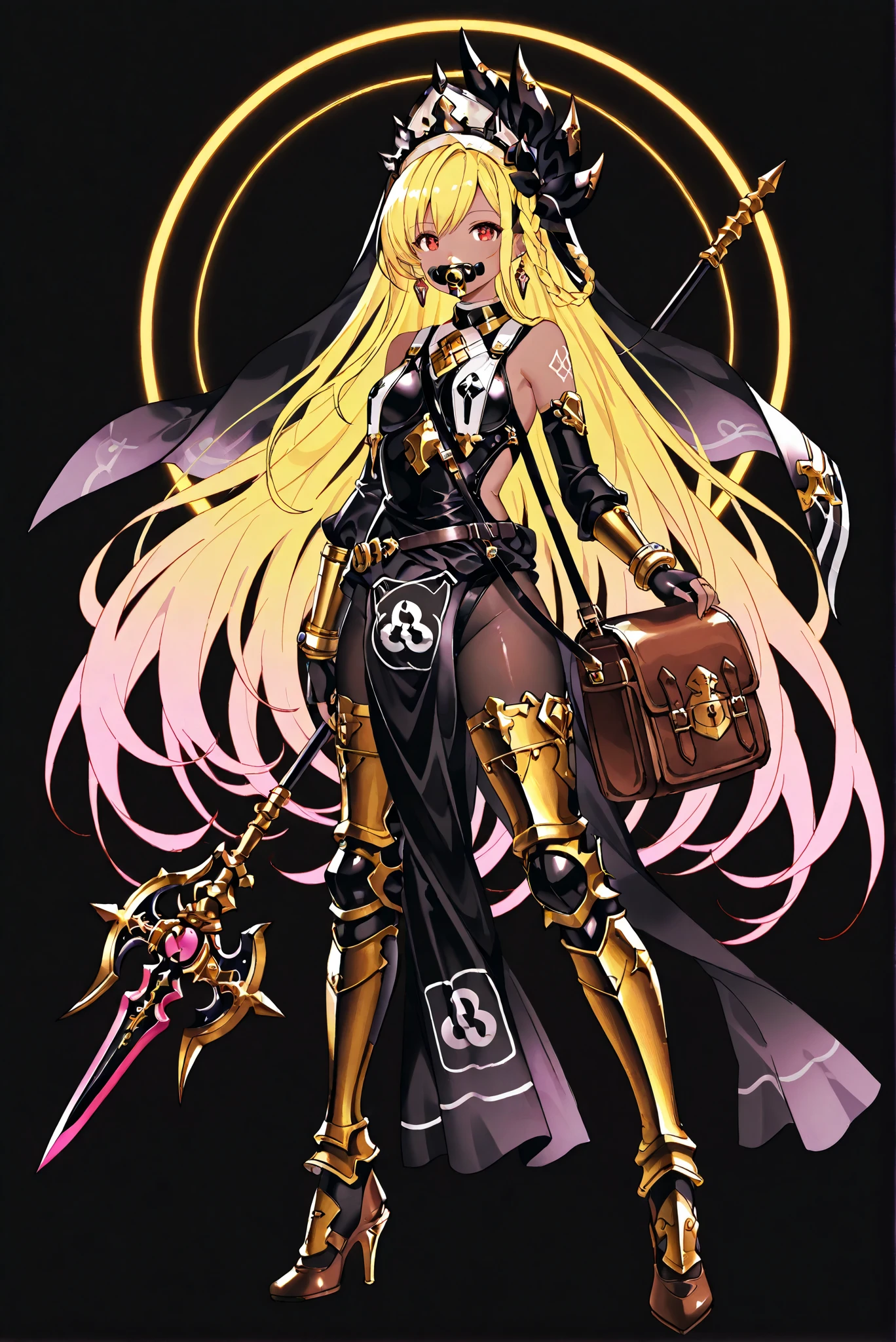 of_HARP, cosplay, chest armor, clothing cutout, belt, bracers, leg armor, brown footwear, highleg leotard, armor, bare shoulders, fingerless gloves, bracers,jewelry, earrings,weapon, spear, holding weapon,ruanyi0847,bodysuit,breast curtains,dress,nun,pantyhose, pelvic curtain
Diaper clothes, black diaper coat , Bag lock symbol , oversized diaper ,
( stands,whole body, high heels, front view,Standing picture:1.7),HoleHeels,oval/Circle/Thorn/Horn Heels,, Limited Color Palette , Black Background ,Colorful, vivid colors ,Flashing silhouette ,neon,black light ,watch, Masterpiece, very beautiful ,, shiny skin, black dress, backless dress, golden ornaments, arm tattoo, , Granblue_ fantasy, Helel_Ben_Shalem, dark skin, Blonde, long hair, braid, red eyes, pacifier,