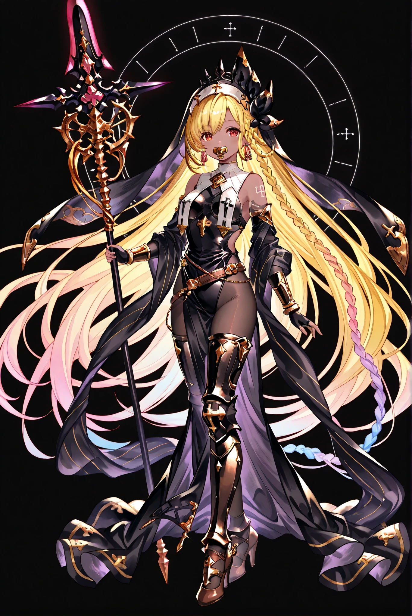 of_HARP, cosplay, chest armor, clothing cutout, belt, bracers, leg armor, brown footwear, highleg leotard, armor, bare shoulders, fingerless gloves, bracers,jewelry, earrings,weapon, spear, holding weapon,ruanyi0847,bodysuit,breast curtains,dress,nun,pantyhose, pelvic curtain
zombie costume:1.2, Long Skirt Set , Chinese Flag Robe,
( stands,whole body, high heels, front view,Standing picture:1.7),HoleHeels,oval/Circle/Thorn/Horn Heels,, Limited Color Palette , Black Background ,Colorful, vivid colors ,Flashing silhouette ,neon,black light ,watch, Masterpiece, very beautiful ,, shiny skin, black dress, backless dress, golden ornaments, arm tattoo, , Granblue_ fantasy, Helel_Ben_Shalem, dark skin, Blonde, long hair, braid, red eyes, pacifier,