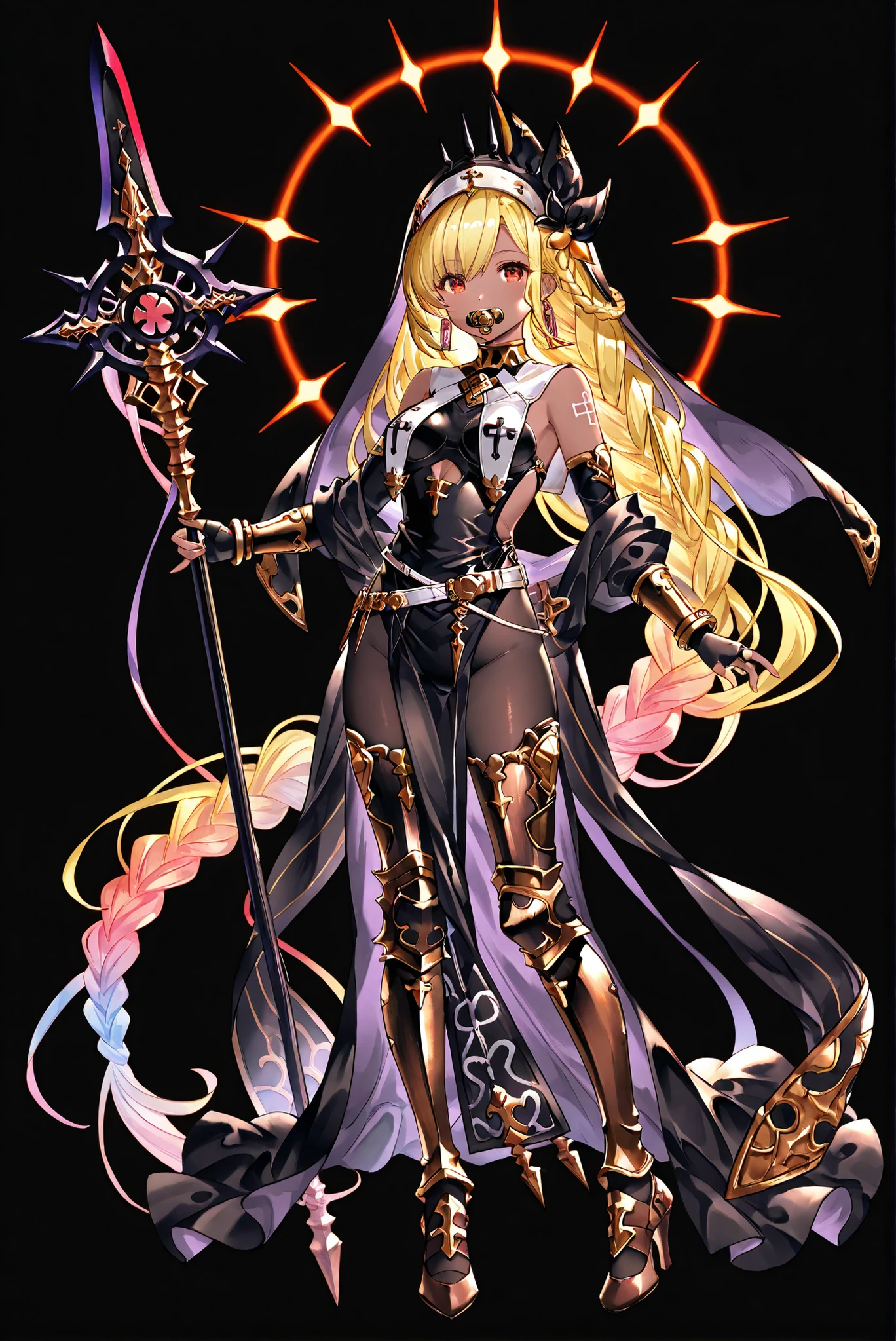 of_HARP, cosplay, chest armor, clothing cutout, belt, bracers, leg armor, brown footwear, highleg leotard, armor, bare shoulders, fingerless gloves, bracers,jewelry, earrings,weapon, spear, holding weapon,ruanyi0847,bodysuit,breast curtains,dress,nun,pantyhose, pelvic curtain
zombie costume:1.2, Long Skirt Set , Chinese Flag Robe,
( stands,whole body, high heels, front view,Standing picture:1.7),HoleHeels,oval/Circle/Thorn/Horn Heels,, Limited Color Palette , Black Background ,Colorful, vivid colors ,Flashing silhouette ,neon,black light ,watch, Masterpiece, very beautiful ,, shiny skin, black dress, backless dress, golden ornaments, arm tattoo, , Granblue_ fantasy, Helel_Ben_Shalem, dark skin, Blonde, long hair, braid, red eyes, pacifier,