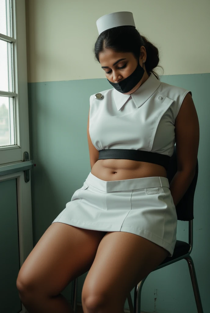 (top-quality、8K、32K、masterpiece、nffsw:1.2)、Photo of a cute Malaysian woman、1 girl、(White hijab)、(small tits)、double eyelid、White nurse uniform、White shirt、open-shirt、(hospitals)、Hospital Room、The upper part of the body、full body Esbian, gagged, tape gag,