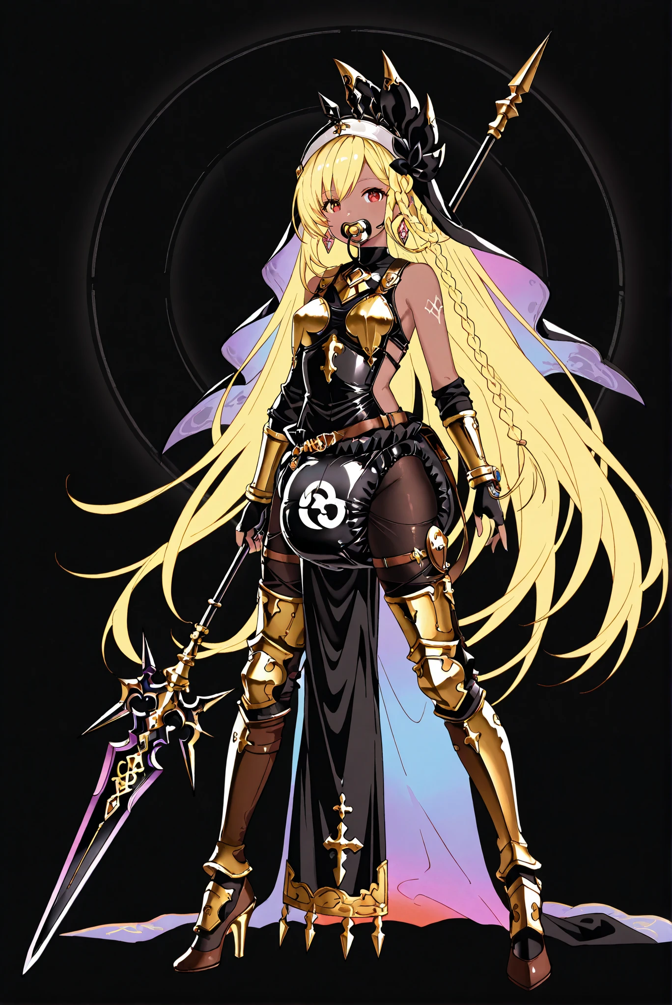 of_HARP, cosplay, chest armor, clothing cutout, belt, bracers, leg armor, brown footwear, highleg leotard, armor, bare shoulders, fingerless gloves, bracers,jewelry, earrings,weapon, spear, holding weapon,ruanyi0847,bodysuit,breast curtains,dress,nun,pantyhose, pelvic curtain


Diaper clothes,  black diaper coat , Bag lock symbol  ,  oversized diaper ,CozyDiaper
（ stands，whole body， high heels， front view，Standing picture:1.7)，HoleHeels，oval/Circle/Thorn/Horn Heels，, Limited Color Palette , Black Background ,Colorful, vivid colors ,Flashing silhouette ,neon,black light ,watch,  Masterpiece,  very beautiful ,, shiny skin, black dress, backless dress, golden ornaments, arm tattoo, , Granblue_ fantasy, Helel_Ben_Shalem, dark skin, Blonde, long hair, braid, red eyes, pacifier,