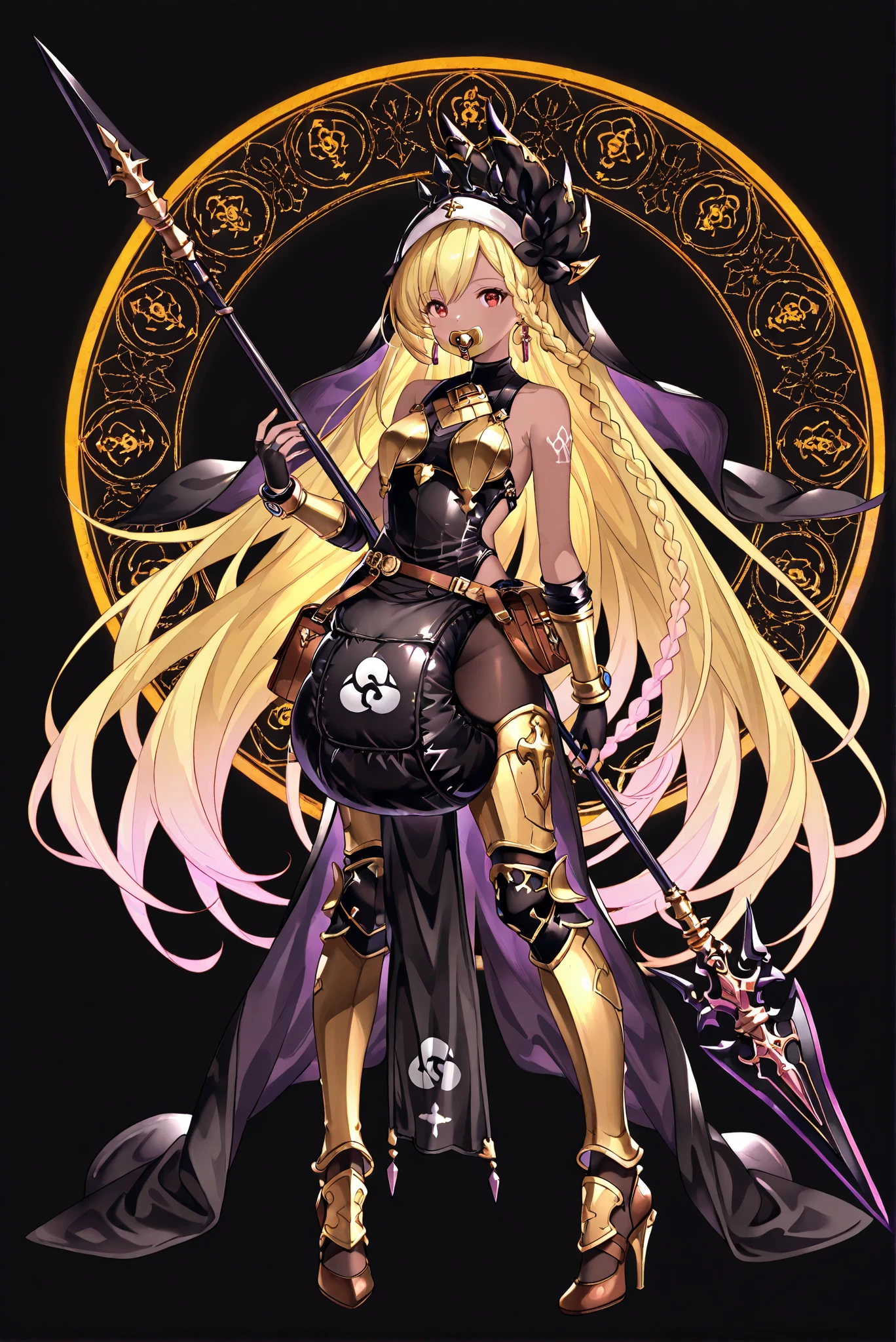 of_HARP, cosplay, chest armor, clothing cutout, belt, bracers, leg armor, brown footwear, highleg leotard, armor, bare shoulders, fingerless gloves, bracers,jewelry, earrings,weapon, spear, holding weapon,ruanyi0847,bodysuit,breast curtains,dress,nun,pantyhose, pelvic curtain
Diaper clothes, black diaper coat , Bag lock symbol , oversized diaper ,CozyDiaper
( stands,whole body, high heels, front view,Standing picture:1.7),HoleHeels,oval/Circle/Thorn/Horn Heels,, Limited Color Palette , Black Background ,Colorful, vivid colors ,Flashing silhouette ,neon,black light ,watch, Masterpiece, very beautiful ,, shiny skin, black dress, backless dress, golden ornaments, arm tattoo, , Granblue_ fantasy, Helel_Ben_Shalem, dark skin, Blonde, long hair, braid, red eyes, pacifier,