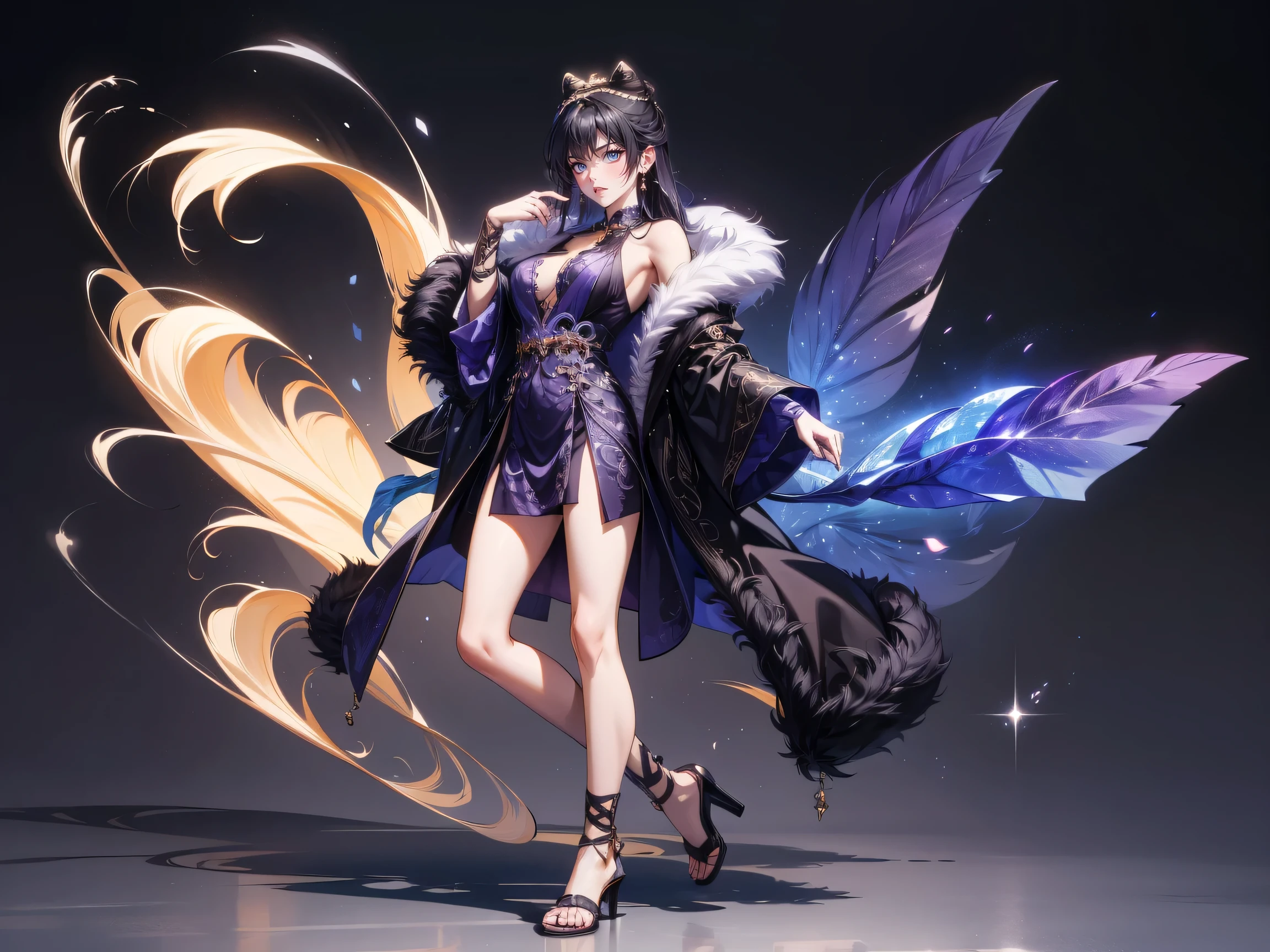 Masterpiece , best quality, 1 Xiao Wu , Face Color Looks Cool , Strong, Golden Left Eye , Red Right Eye , Long hair, Black hair, Firm Eyes , Simple Uniform , Black Long Earrings , Chinese Morden Hybrid , Front Photo , simple background, purple Background , Anime, illustration, Full body , bun hair , black fluffy animal coat on shoulders , tiny girl , full body , big breasts and loli body , purple eyes , black furr cloat