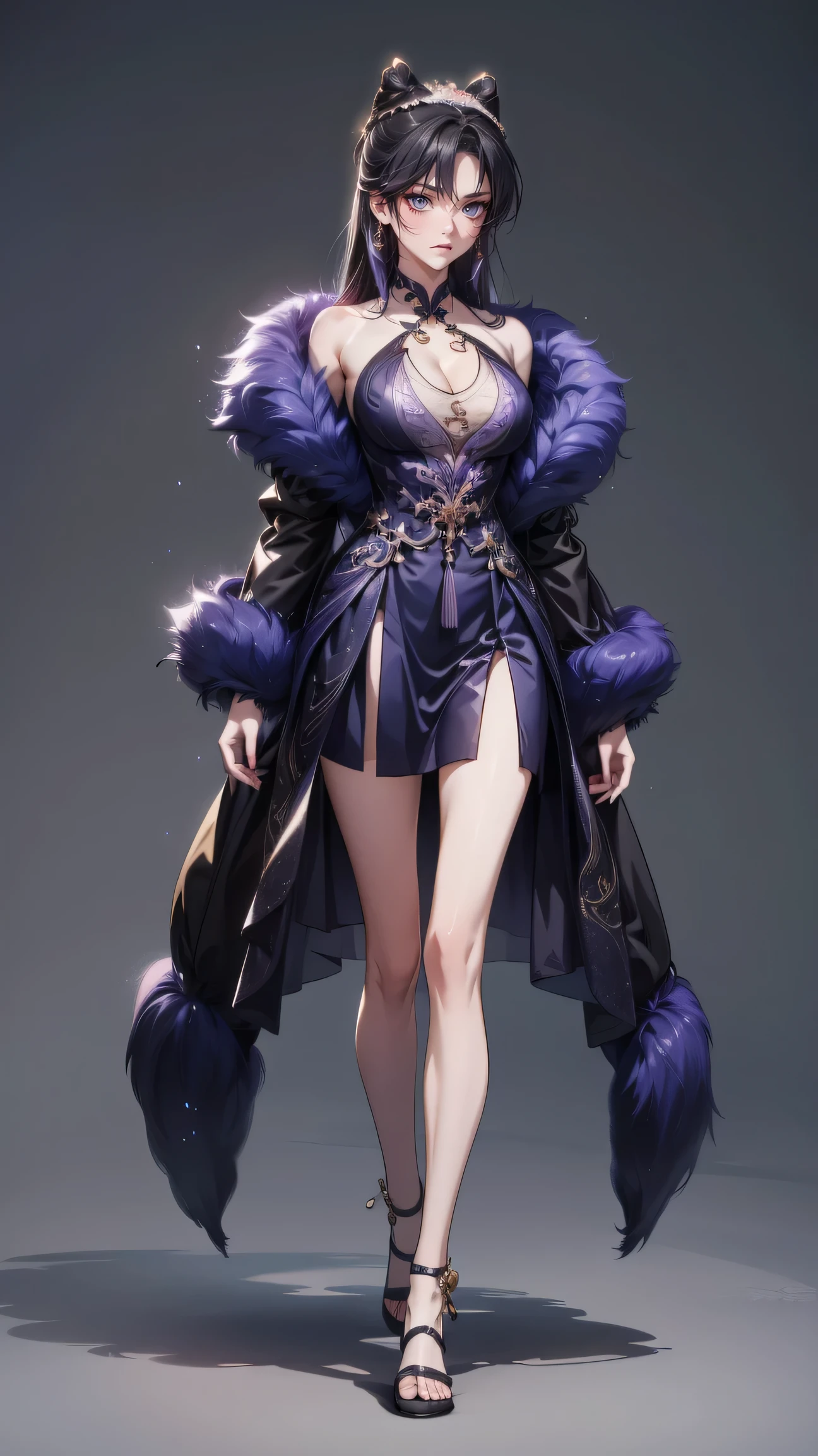 Masterpiece , best quality, 1 Xiao Wu , Face Color Looks Cool , Strong, Golden Left Eye , Red Right Eye , Long hair, Black hair, Firm Eyes , Simple Uniform , Black Long Earrings , Chinese Morden Hybrid , Front Photo , simple background, purple Background , Anime, illustration, Full body , bun hair , black fluffy animal coat on shoulders , tiny girl , full body , big breasts and loli body , purple eyes , black furr cloat