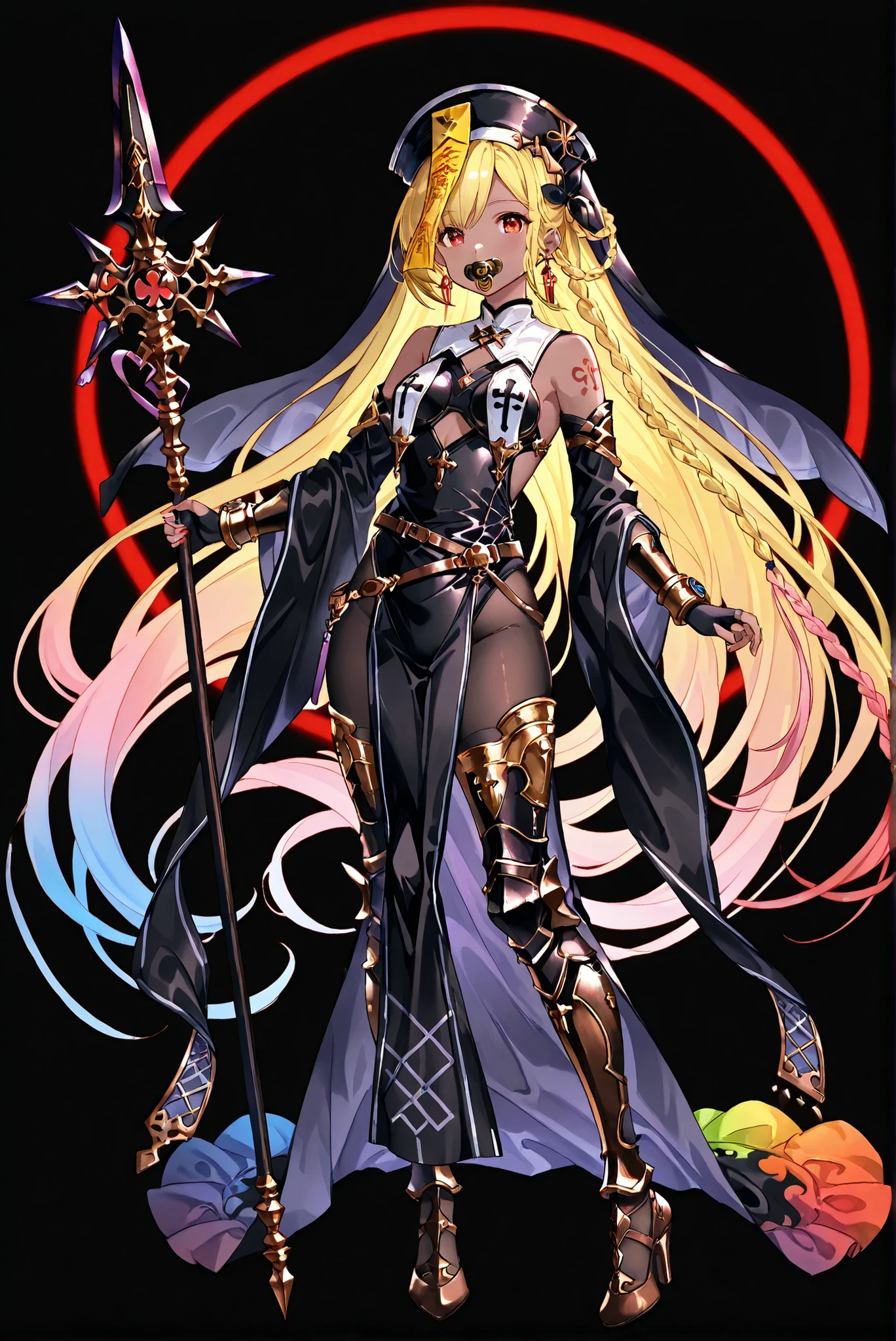 of_HARP, cosplay, chest armor, clothing cutout, belt, bracers, leg armor, brown footwear, highleg leotard, armor, bare shoulders, fingerless gloves, bracers,jewelry, earrings,weapon, spear, holding weapon,ruanyi0847,bodysuit,breast curtains,dress,nun,pantyhose, pelvic curtain


zombie costume:1.2, Long Skirt Set ,  Chinese Flag Robe,  jiangshi 

（ stands，whole body， high heels， front view，Standing picture:1.7)，HoleHeels，oval/Circle/Thorn/Horn Heels，, Limited Color Palette , Black Background ,Colorful, vivid colors ,Flashing silhouette ,neon,black light ,watch,  Masterpiece,  very beautiful ,, shiny skin, black dress, backless dress, golden ornaments, arm tattoo, , Granblue_ fantasy, Helel_Ben_Shalem, dark skin, Blonde, long hair, braid, red eyes, pacifier,