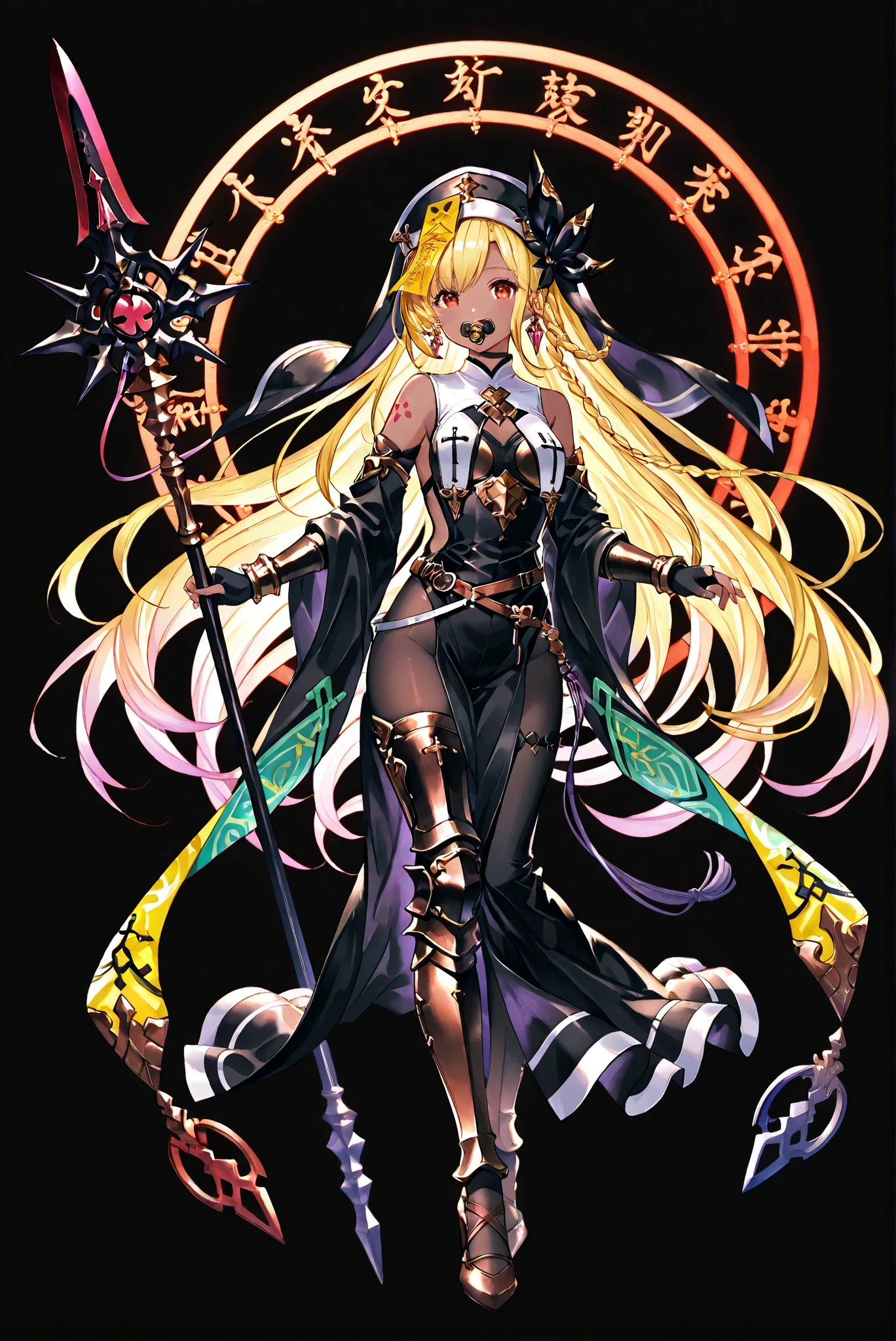 of_HARP, cosplay, chest armor, clothing cutout, belt, bracers, leg armor, brown footwear, highleg leotard, armor, bare shoulders, fingerless gloves, bracers,jewelry, earrings,weapon, spear, holding weapon,ruanyi0847,bodysuit,breast curtains,dress,nun,pantyhose, pelvic curtain
zombie costume:1.2, Long Skirt Set , Chinese Flag Robe, jiangshi
( stands,whole body, high heels, front view,Standing picture:1.7),HoleHeels,oval/Circle/Thorn/Horn Heels,, Limited Color Palette , Black Background ,Colorful, vivid colors ,Flashing silhouette ,neon,black light ,watch, Masterpiece, very beautiful ,, shiny skin, black dress, backless dress, golden ornaments, arm tattoo, , Granblue_ fantasy, Helel_Ben_Shalem, dark skin, Blonde, long hair, braid, red eyes, pacifier,