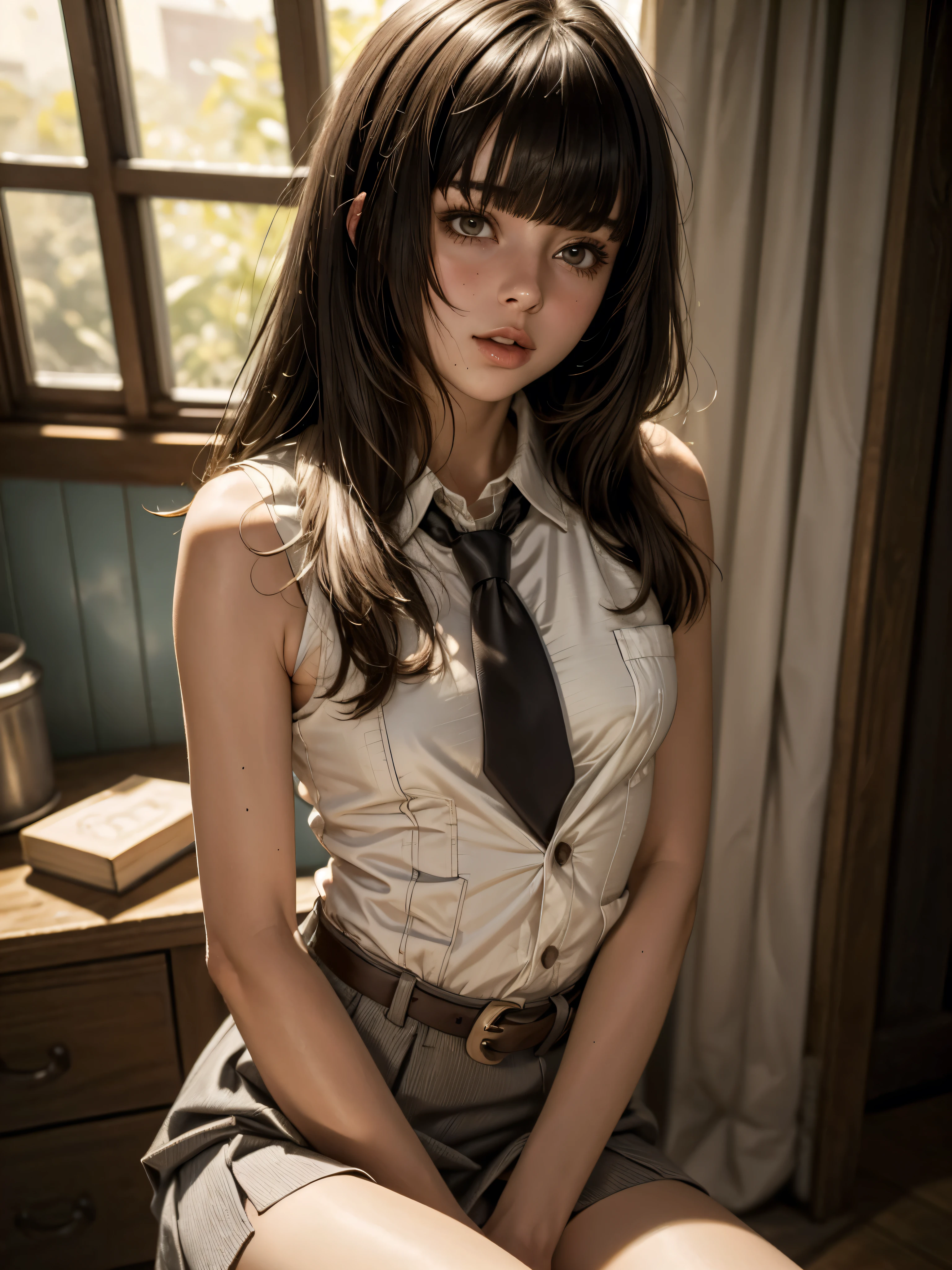 1girl, bukkake, ((Caucasian)), western features, white girl, older , small slender body, dress shirt, vest, tie, short skirt, long brown hair, bangs, (brown eyes), ((textured bangs)), full lips, (masterpiece, best quality), erotic, nsfw