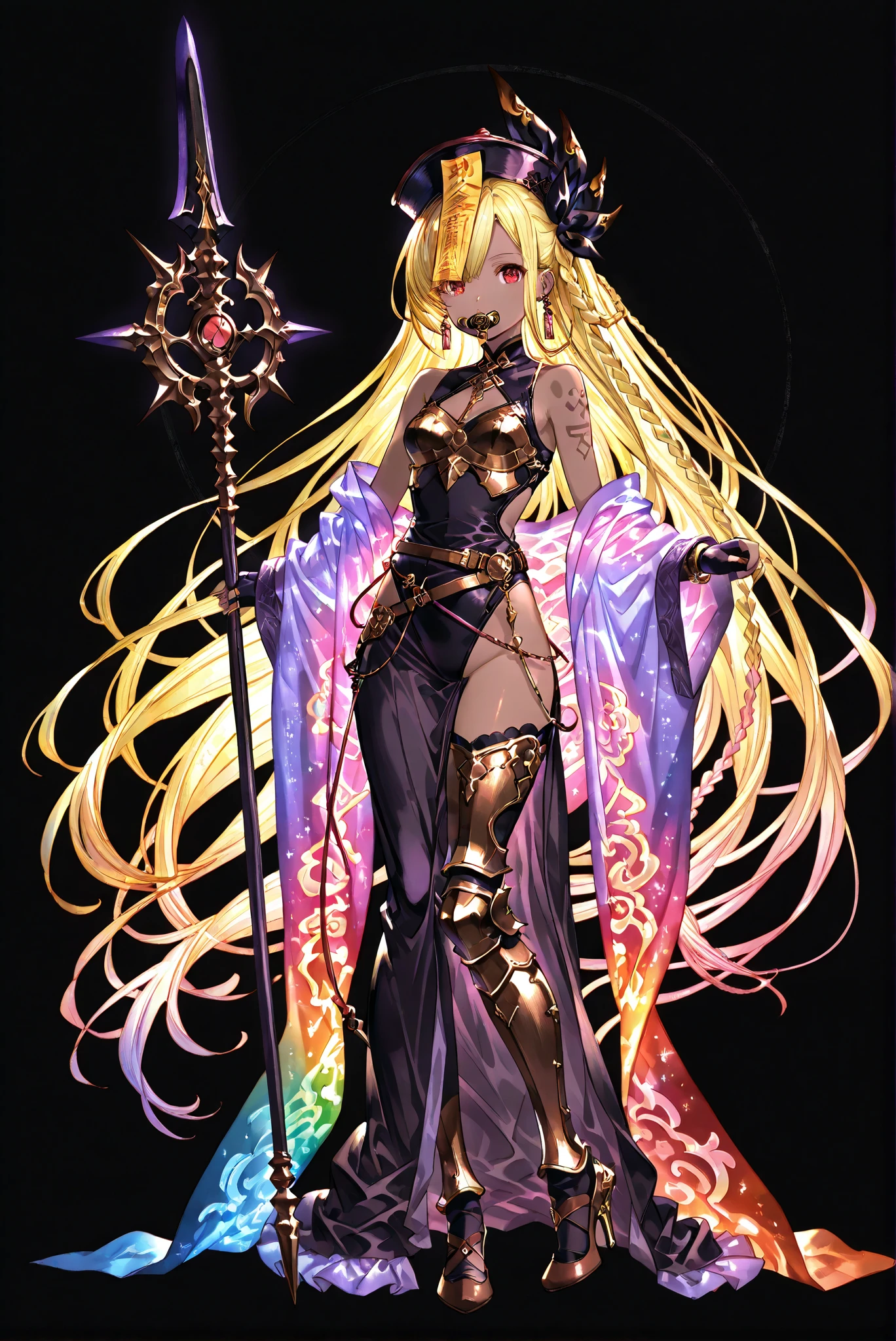 of_HARP, cosplay, chest armor, clothing cutout, belt, bracers, leg armor, brown footwear, highleg leotard, armor, bare shoulders, fingerless gloves, bracers,jewelry, earrings,weapon, spear, holding weapon,, Glowing kimono, Glitter , Purple Kimono ,
zombie costume :1.2, Long Skirt Set , Chinese Flag Robe, jiangshi
( stands,whole body, high heels, front view,Standing picture:1.7),HoleHeels,oval/Circle/Thorn/Horn Heels,, Limited Color Palette , Black Background ,Colorful, vivid colors ,Flashing silhouette ,neon,black light ,watch, Masterpiece, very beautiful ,, shiny skin, black dress, backless dress, golden ornaments, arm tattoo, , Granblue_ fantasy, Helel_Ben_Shalem, dark skin, Blonde, long hair, braid, red eyes, pacifier,