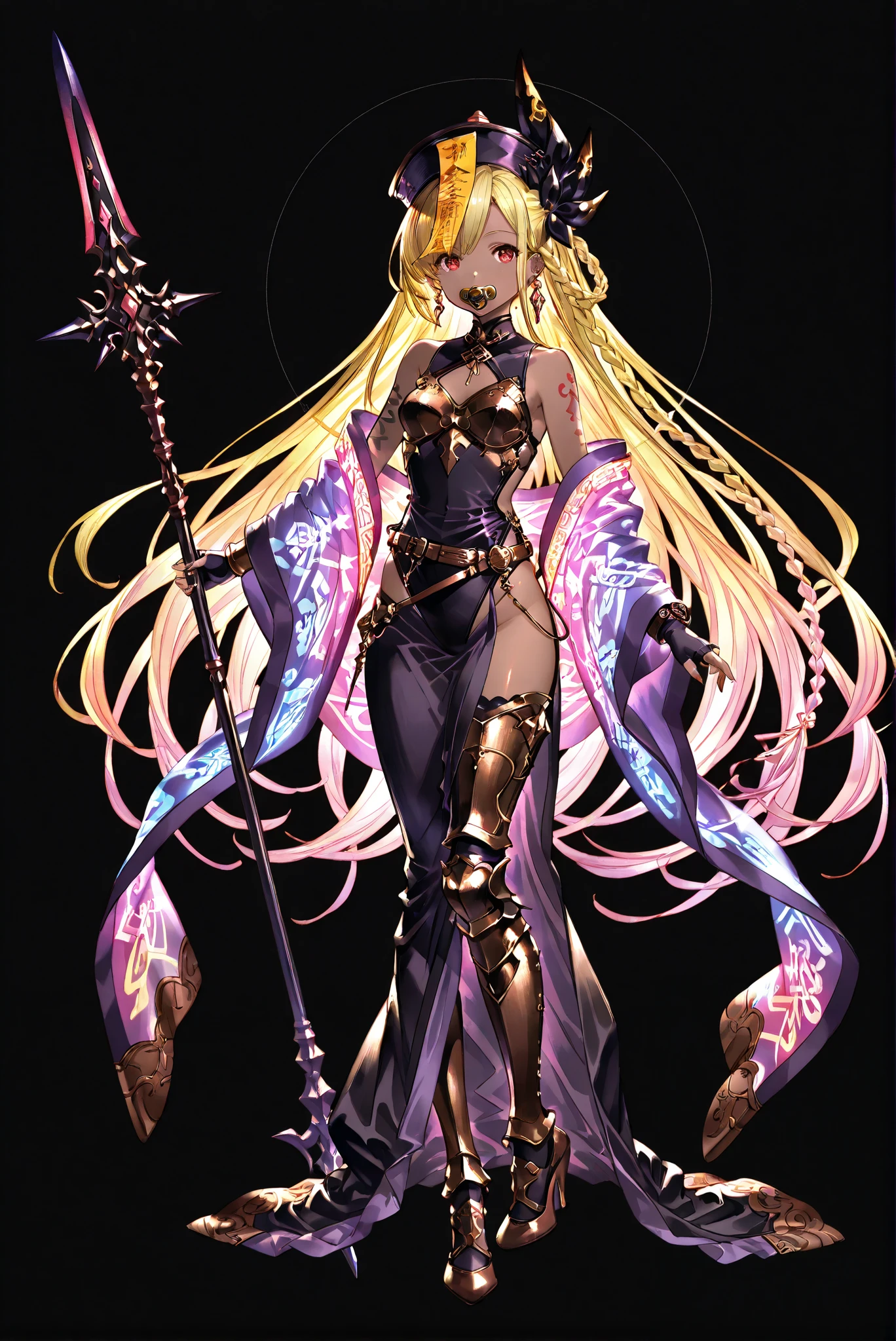 of_HARP, cosplay, chest armor, clothing cutout, belt, bracers, leg armor, brown footwear, highleg leotard, armor, bare shoulders, fingerless gloves, bracers,jewelry, earrings,weapon, spear, holding weapon,, Glowing kimono,  Glitter  ， Purple Kimono ， 


zombie costume :1.2, Long Skirt Set ,  Chinese Flag Robe,  jiangshi 

（ stands，whole body， high heels， front view，Standing picture:1.7)，HoleHeels，oval/Circle/Thorn/Horn Heels，, Limited Color Palette , Black Background ,Colorful, vivid colors ,Flashing silhouette ,neon,black light ,watch,  Masterpiece,  very beautiful ,, shiny skin, black dress, backless dress, golden ornaments, arm tattoo, , Granblue_ fantasy, Helel_Ben_Shalem, dark skin, Blonde, long hair, braid, red eyes, pacifier,