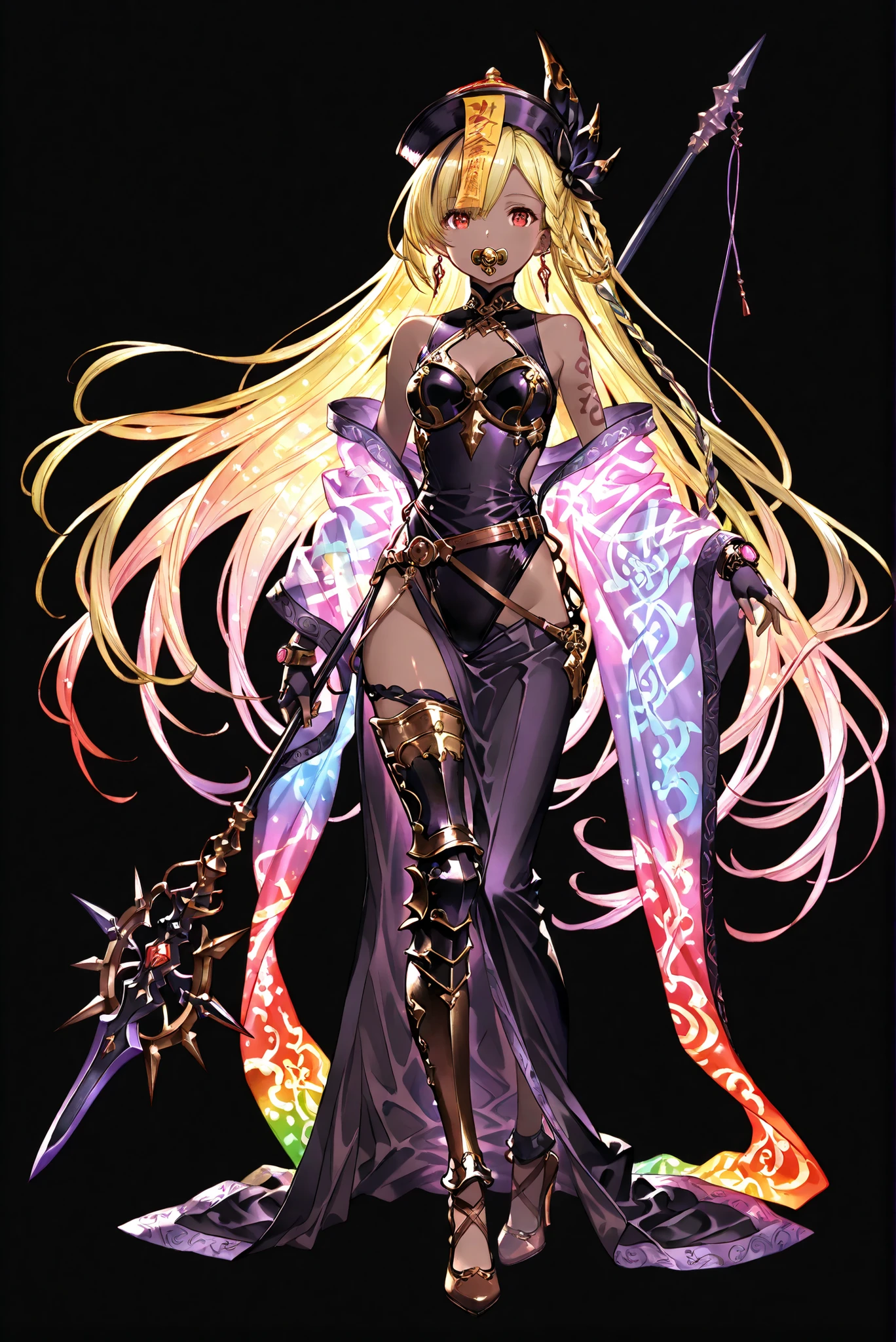 of_HARP, cosplay, chest armor, clothing cutout, belt, bracers, leg armor, brown footwear, highleg leotard, armor, bare shoulders, fingerless gloves, bracers,jewelry, earrings,weapon, spear, holding weapon,, Glowing kimono, Glitter , Purple Kimono ,
zombie costume :1.2, Long Skirt Set , Chinese Flag Robe, jiangshi
( stands,whole body, high heels, front view,Standing picture:1.7),HoleHeels,oval/Circle/Thorn/Horn Heels,, Limited Color Palette , Black Background ,Colorful, vivid colors ,Flashing silhouette ,neon,black light ,watch, Masterpiece, very beautiful ,, shiny skin, black dress, backless dress, golden ornaments, arm tattoo, , Granblue_ fantasy, Helel_Ben_Shalem, dark skin, Blonde, long hair, braid, red eyes, pacifier,