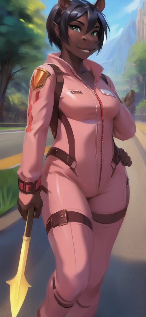 a ultra high quality fully detailed master piece 32k fully body attractive young woman with long brown wavy hair, light skin, pink eyes, a serious face, huge breasts, pink warm spy attire, long snow boots, curvaceous hourglass figure, long legs, thick thighs. This woman wears snow gear. She holds up a pistol in her right hand. Background is a snowy forest in Germany.