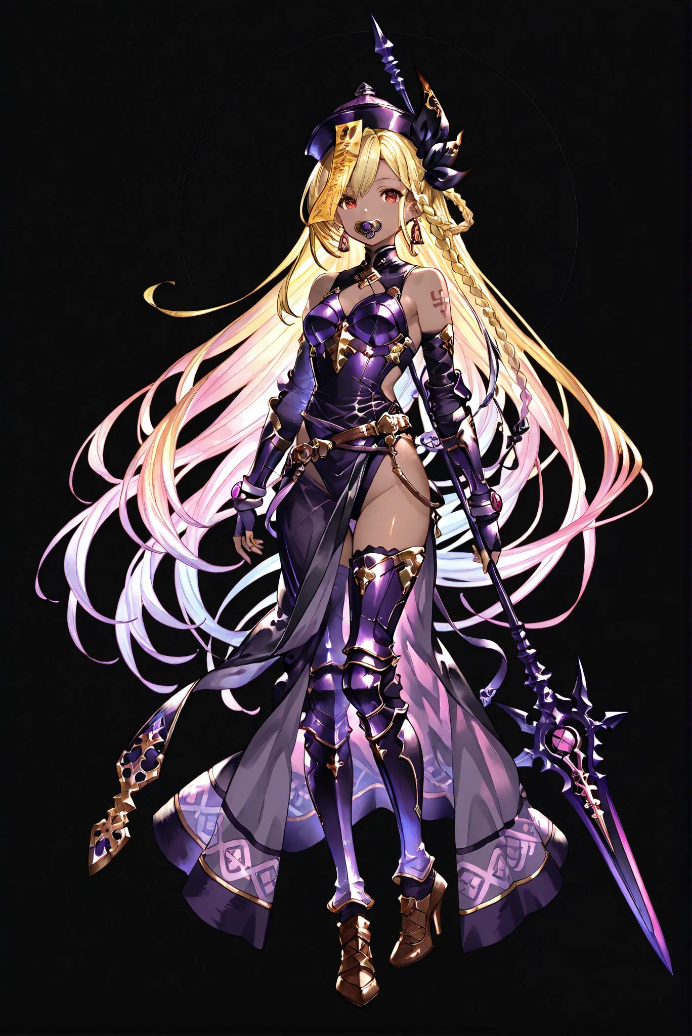 of_HARP, cosplay, chest armor, clothing cutout, belt, bracers, leg armor, brown footwear, highleg leotard, armor, bare shoulders, fingerless gloves, bracers,jewelry, earrings,weapon, spear, holding weapon,,Holy Cross ,  Purple Bodysuit ,Purple Sacred Light  body, Purple Sacred Light  armor, Purple Sacred Light  , Purple Sacred Light  legs,


zombie costume :1.2, Long Skirt Set ,  Chinese Flag Robe,  jiangshi 

（ stands，whole body， high heels， front view，Standing picture:1.7)，HoleHeels，oval/Circle/Thorn/Horn Heels，, Limited Color Palette , Black Background ,Colorful, vivid colors ,Flashing silhouette ,neon,black light ,watch,  Masterpiece,  very beautiful ,, shiny skin, black dress, backless dress, golden ornaments, arm tattoo, , Granblue_ fantasy, Helel_Ben_Shalem, dark skin, Blonde, long hair, braid, red eyes, pacifier,