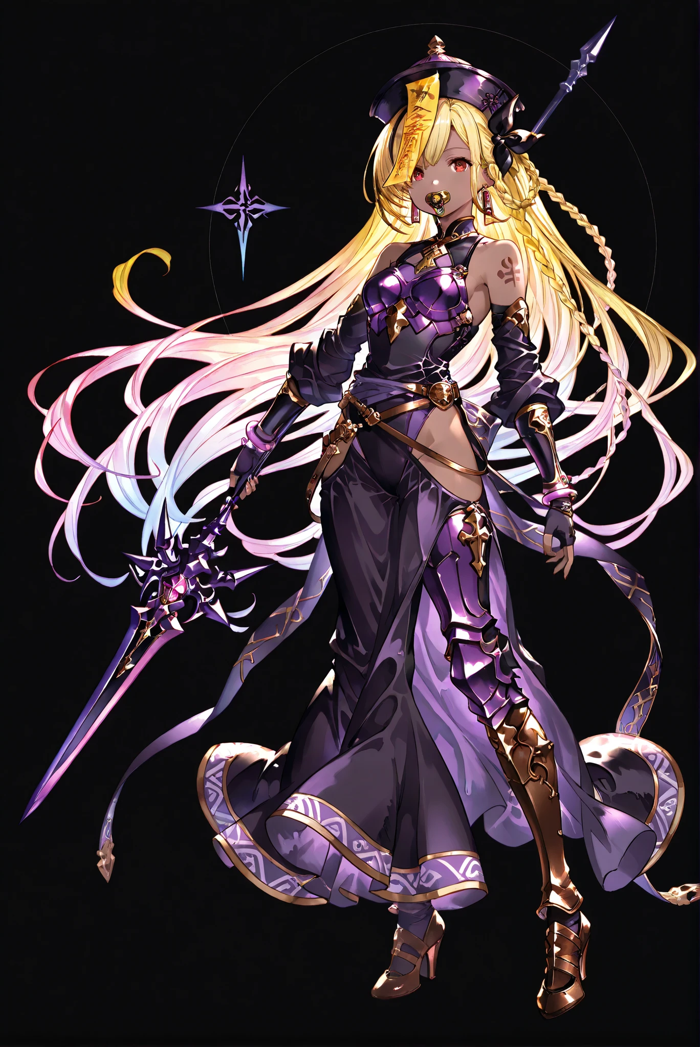 of_HARP, cosplay, chest armor, clothing cutout, belt, bracers, leg armor, brown footwear, highleg leotard, armor, bare shoulders, fingerless gloves, bracers,jewelry, earrings,weapon, spear, holding weapon,,Holy Cross , Purple Bodysuit ,Purple Sacred Light body, Purple Sacred Light armor, Purple Sacred Light , Purple Sacred Light legs,
zombie costume :1.2, Long Skirt Set , Chinese Flag Robe, jiangshi
( stands,whole body, high heels, front view,Standing picture:1.7),HoleHeels,oval/Circle/Thorn/Horn Heels,, Limited Color Palette , Black Background ,Colorful, vivid colors ,Flashing silhouette ,neon,black light ,watch, Masterpiece, very beautiful ,, shiny skin, black dress, backless dress, golden ornaments, arm tattoo, , Granblue_ fantasy, Helel_Ben_Shalem, dark skin, Blonde, long hair, braid, red eyes, pacifier,