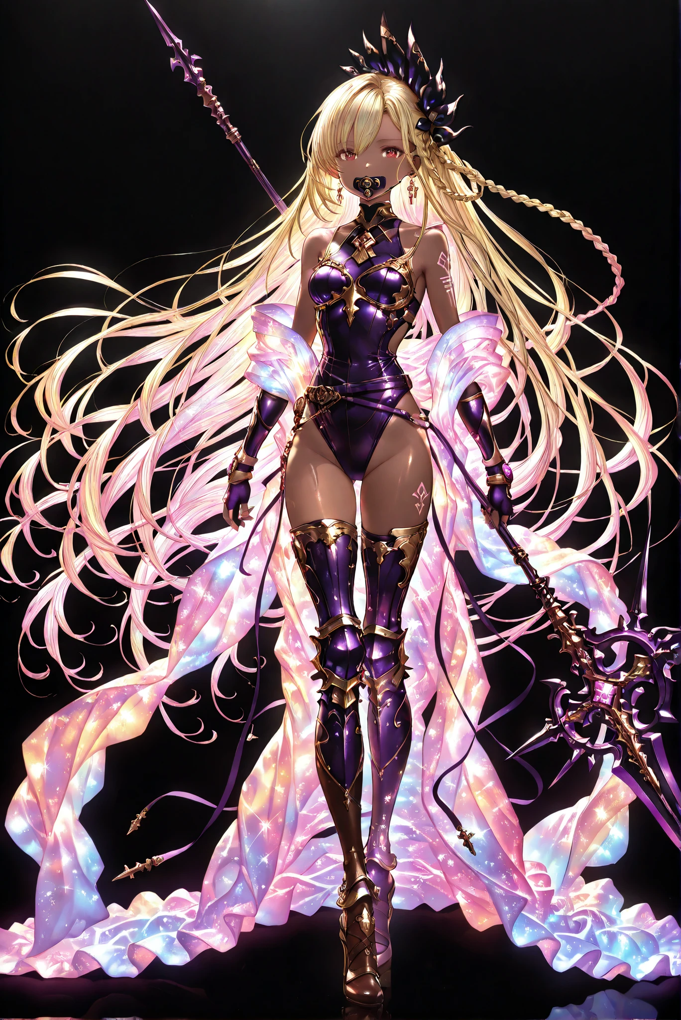 of_HARP, cosplay, chest armor, clothing cutout, belt, bracers, leg armor, brown footwear, highleg leotard, armor, bare shoulders, fingerless gloves, bracers,jewelry, earrings,weapon, spear, holding weapon,Holy Cross , Purple Bodysuit ,Purple Sacred Light body, Purple Sacred Light armor, Purple Sacred Light , Purple Sacred Light legs,
1 , glowing kimono, Glitter , kimono,
( stands,whole body, high heels, front view,Standing picture:1.7),HoleHeels,oval/Circle/Thorn/Horn Heels,, Limited Color Palette , Black Background ,Colorful, vivid colors ,Flashing silhouette ,neon,black light ,watch, Masterpiece, very beautiful ,, shiny skin, black dress, backless dress, golden ornaments, arm tattoo, , Granblue_ fantasy, Helel_Ben_Shalem, dark skin, Blonde, long hair, braid, red eyes, pacifier,