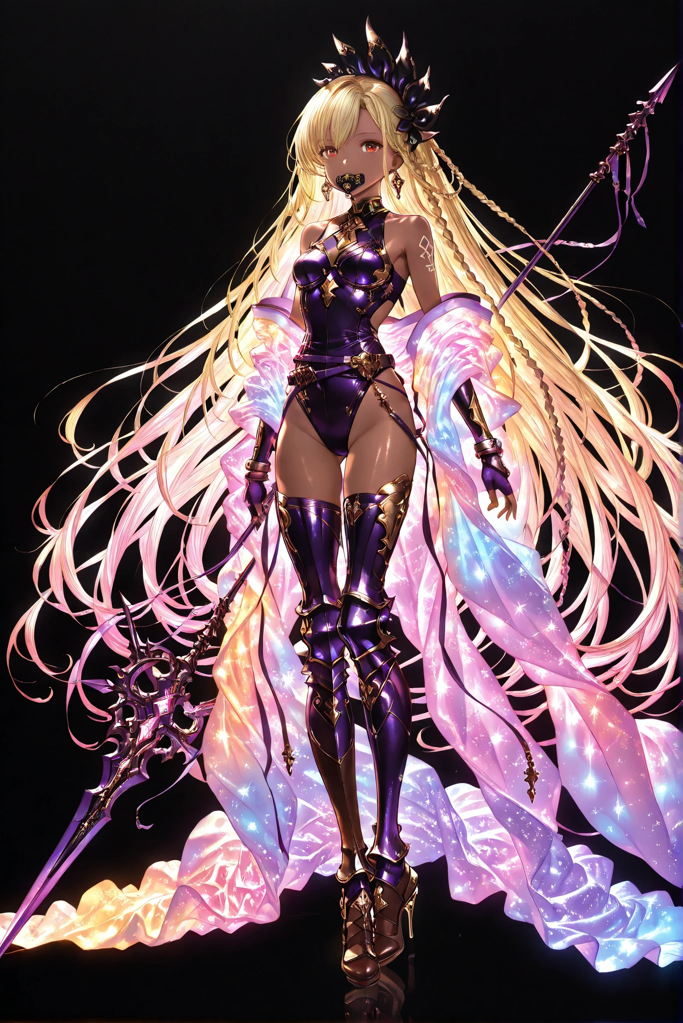 of_HARP, cosplay, chest armor, clothing cutout, belt, bracers, leg armor, brown footwear, highleg leotard, armor, bare shoulders, fingerless gloves, bracers,jewelry, earrings,weapon, spear, holding weapon,Holy Cross , Purple Bodysuit ,Purple Sacred Light body, Purple Sacred Light armor, Purple Sacred Light , Purple Sacred Light legs,
1 , glowing kimono, Glitter , kimono,
( stands,whole body, high heels, front view,Standing picture:1.7),HoleHeels,oval/Circle/Thorn/Horn Heels,, Limited Color Palette , Black Background ,Colorful, vivid colors ,Flashing silhouette ,neon,black light ,watch, Masterpiece, very beautiful ,, shiny skin, black dress, backless dress, golden ornaments, arm tattoo, , Granblue_ fantasy, Helel_Ben_Shalem, dark skin, Blonde, long hair, braid, red eyes, pacifier,