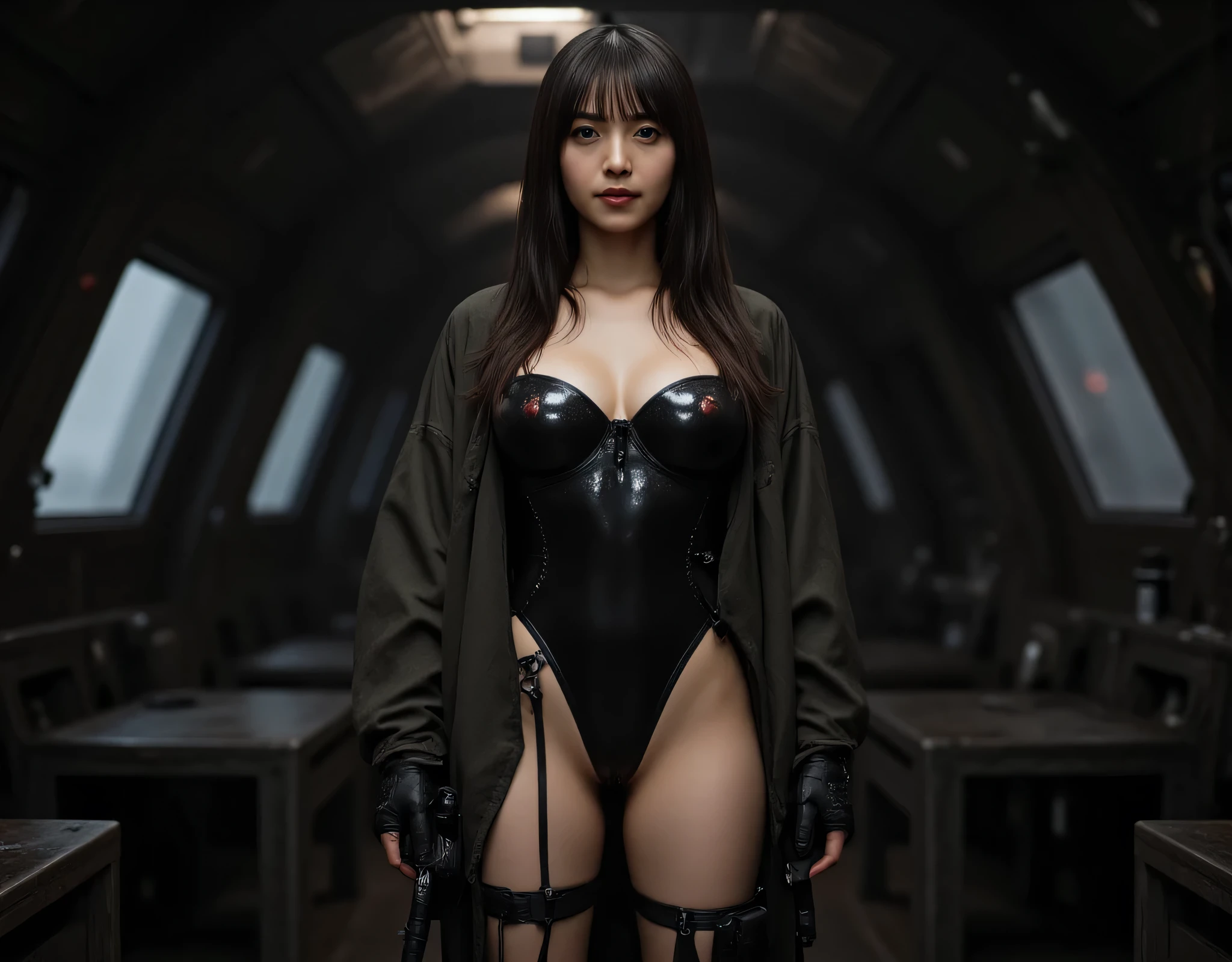 (((The dark interior of the Nostromo ship :2.0))),((( HR Gigger Style Cyberpunk Atmosphere :2.0))),(((Hold a cyberpunk-style Japanese sword:2.0))), standing,((whole body:2.0)), one woman,( cute face),(Beautiful well-balanced face ),(( natural big breasted :2.0)),( black hair:1.5),( beautiful eyes:1.3), glamorous shot of a 20 year old Japanese woman , Slender Beautiful Body ,(( model body type:2.0)),(( slim body with hot water:1.7)), perfect body line , ideal proportions ,(( big breasts:2.0)),((F cup breasts:1.5)),Big Breasts,Bare thighs, sensual thighs, delicate body,( Muscular:1.7),A harmonious posture,((Realistic breast depiction :1.7)), carefully depict limbs based on perfect anatomy,((Wear a samurai kimono-style military coat with an open front over a black super high-leg leotard :1.5)),(( is a super high-leg leotard made of camy-style latex that fits the body:1.5)),(( leotard that is tied from behind:1.5)),(ear monitor:1.5),((Tactical Holster:1.5)),( gloves:1.3), concept art ,( best quality:1.5),( Masterpiece:1.5),(超高resolution),resolution,UHD,( delicate depiction), carefully drawn with butterfly wings ,32K,(( realistic skin texture:1.5)),((( Super realistic :1.5))), eyelashes, highly detailed faces,Highly detailed female hand,Sexy appearance,Very sensual,(Blurry Dim Backgrounds :1.5), professional photography,( Movie Lighting:2.0),(( Blade Runner Style Lights :2.0))