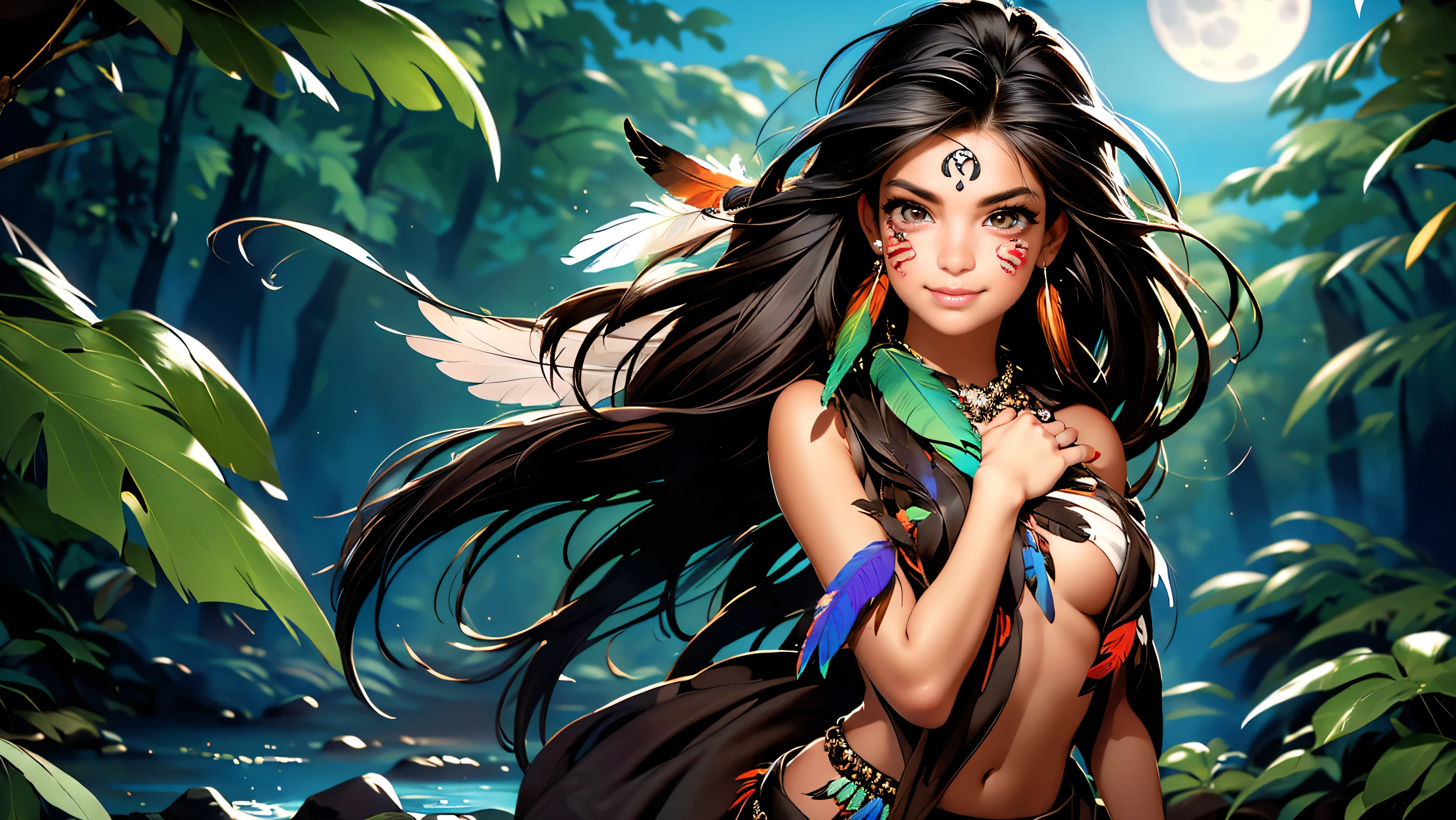 ((1girl)), ((solo)), (cute girl), (young girl), (), ((young)), native American alone at night in the forest, ((face paint)), ((dark skin)), adorned with beads and feathers, moonlight, ((brown eyes)), ((dark eyes)), ((beautiful face)), ((Long black hair)) ((straight hair)), ((feathers hanging from her hair)), ((small breast)), ((exposed breast)), upper body, ((slim waist)), ((standing upright in a river in the forest with the moonlight steaming through the leaves)), ((sexy pose)), navel, ((no top)), seductive smile, waterfall in the background, ((vibrant colors)),