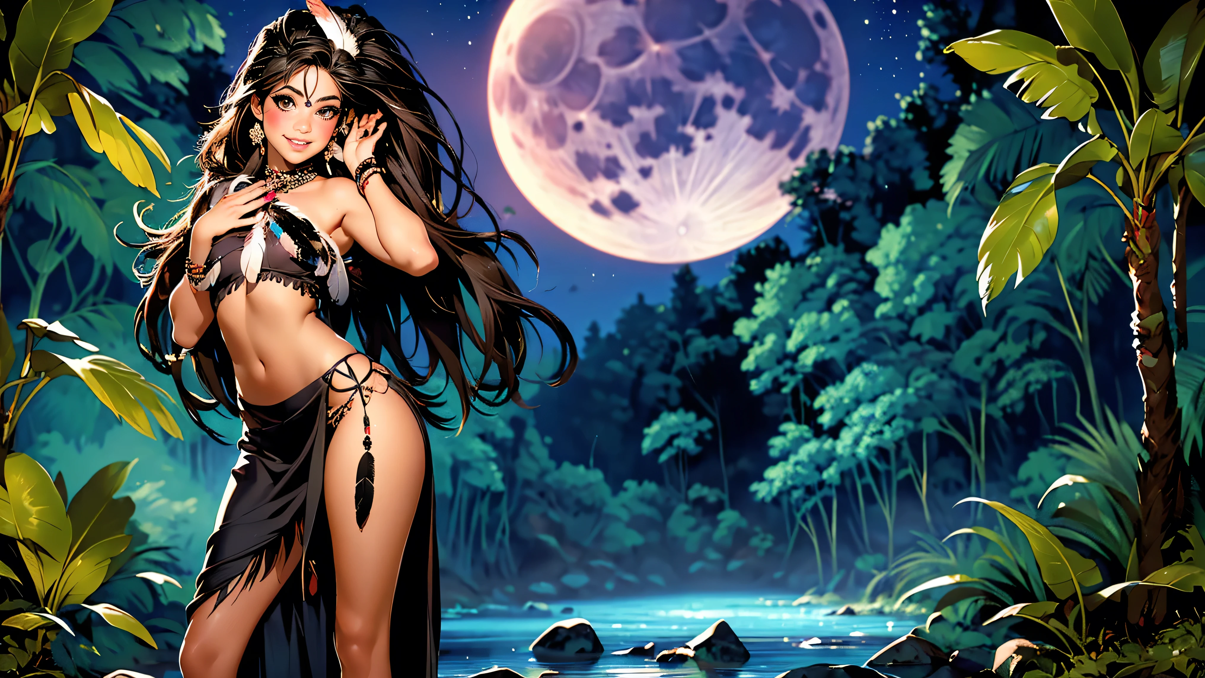 Full body image, 8k, masterpiece, Most detailed, highest quality, Perfect look. Too real oil, create a sense of fit, Sunburn, logic, Bouncing, naked, Grey Wolf, (Long Hair:1.3), dark theme, Dense forest, full moon, night, dark,Ample breasts,Wet