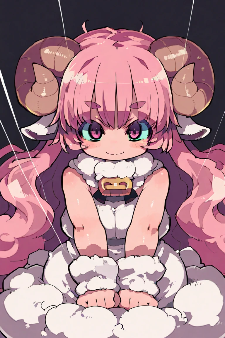 1girl with long pink hair, red eyes, two horns on head, big breasts, nude, pink and white striped stockings, shy face, chibi style