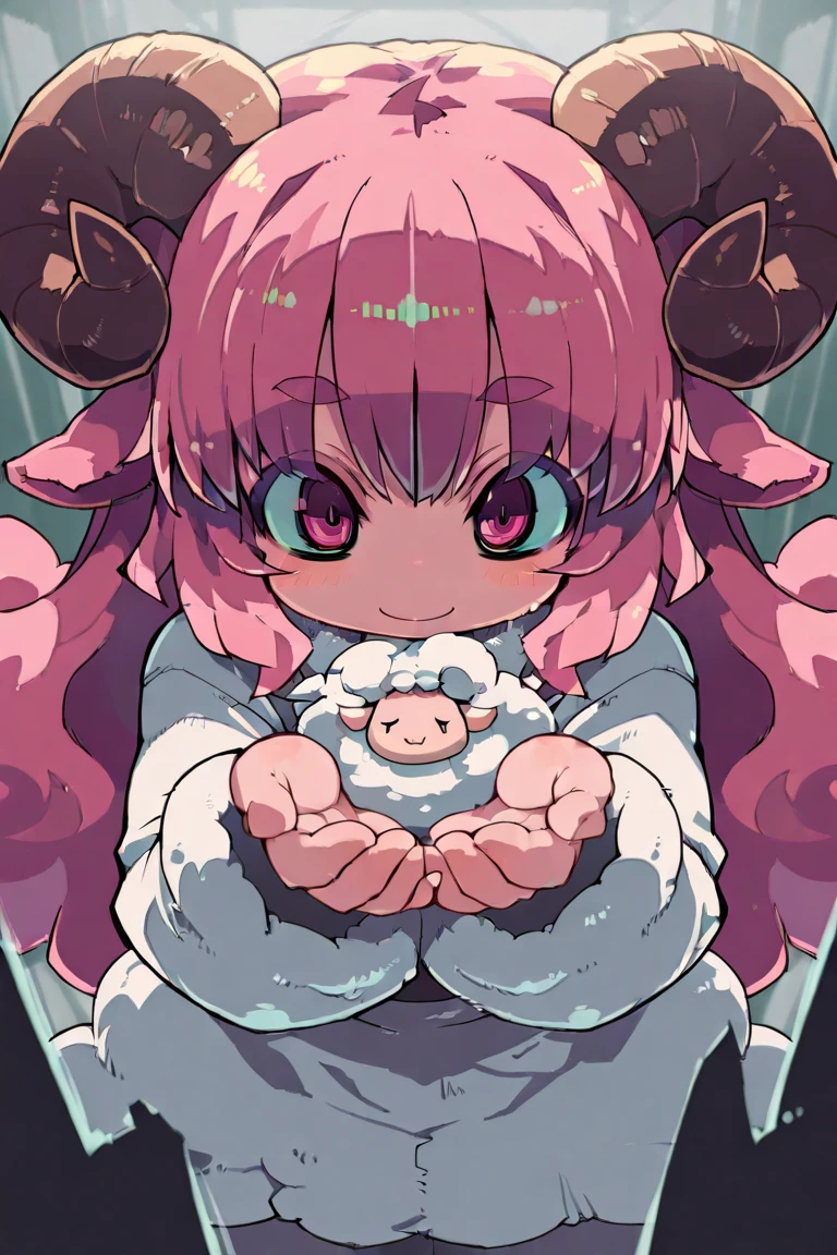 (UHD, Masterpiece, amazing quality, very aesthetic, absurdres, ultra-detailed, Zankuro), 1girl\solo\(ひつじちゃん, Big and soft anime eyes, Thick eyebrows:1.1,Fluffy long hair like a sheep's wool, pink hair, Each and every strand of hair is depicted in detail, Sheep's round horns, ), (monky dance, smile),   BREAK,  BREAK, dynamic angle:1.5, panorama:1.2, cinematic:1.3