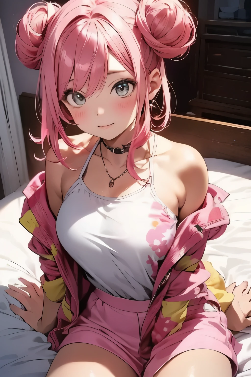 stunning, high quality, close-up portrait of a seductive anime girl with pink hair, sitting on a bed, vibrant, colorful, soft lighting, she is looking out of frame showing off her curves, glowing outlines with flat colors make it look a bit like an anime screencap, hair done up in double buns