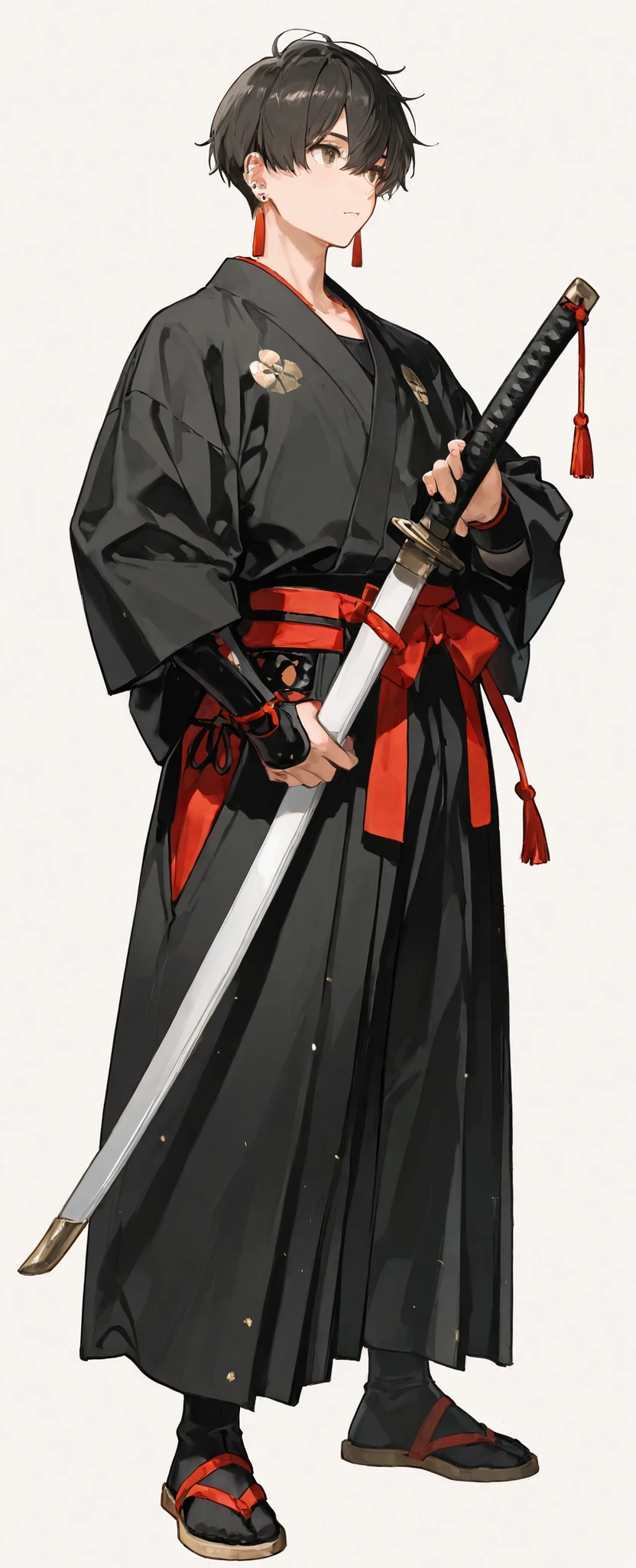 Earrings、samurai、 standing picture、 simple background , weapon