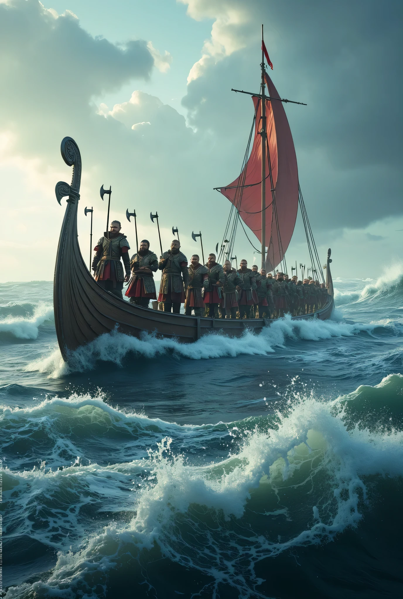 **Prompt:** Design a breathtakingly detailed landscape scene depicting a Viking seafaring army navigating the long wooden boat on the tumultuous waters of the medieval North Sea. Showcase hyper-realism in the composition, featuring a long size Viking long dragon wooden boat slicing through crashing waves. Capture the action from a panoramic ultra-wide angle to fully immerse the viewer in the dramatic, stormy environment. Illustrate the Viking sailors in elaborate, historically-accurate armor, standing in organized battle formation, with intricately crafted battle axes raised in readiness for the impending conflict. Focus on dynamic leading lines within the composition that draw the viewer's gaze across the scene, accentuated by a rich UHD color palette that creates an atmospheric contrast between the roiling sea and the warriors. Pay particular attention to the anatomy of the sailors, highlighting the strength and resolve in their hands as they prepare for battle. As you zoom out, ensure the entire regiment is depicted in all its fierce glory, maintaining a depth of field that amplifies the visual impact. Utilize cutting-edge 3D CGI textures to breathe life into this depiction of Viking valor, creating a visually stunning FantasyPunkAi artwork that captures the essence of an epic sea battle.