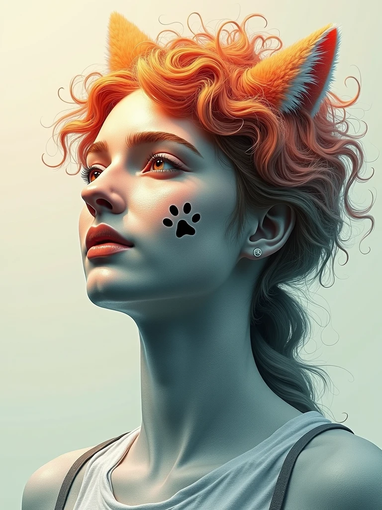album cover, cat animal,, solo, <lora:Slava Ilyayev:0.5>, anime kawaii, mokko kitten, <lora:marionevado_v1:0.5> marionevado_v1, vector art, five color palette, female, background nebulous, dystopian city, futuristic, portrait, long red hair, human thoughts art, elegant fantasy, intricate, crisp quality, hdr, ultra-detailed, Wet inks line art, dreamy female portrait on black canvas, perfect fractal