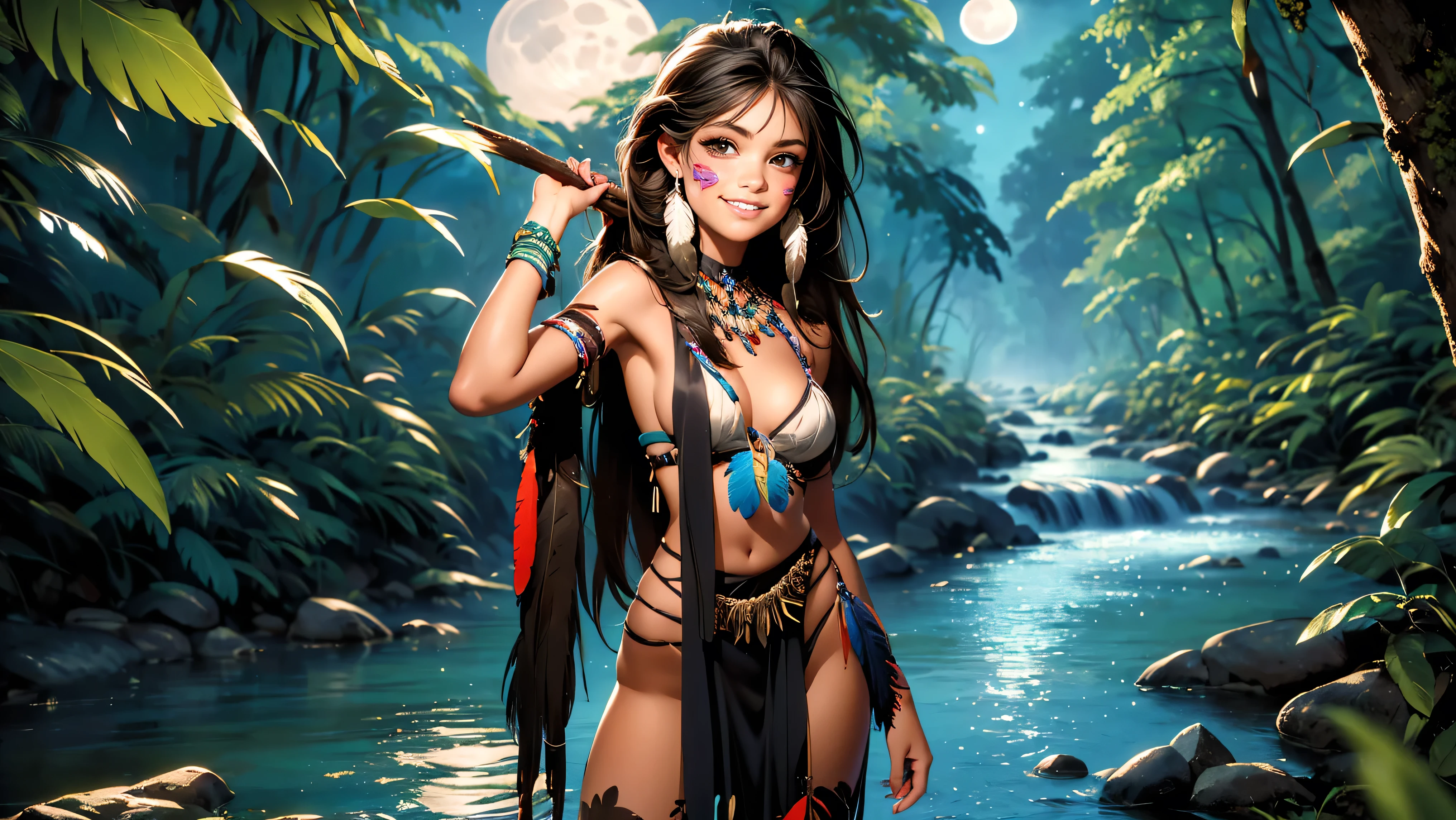 ((1girl)), ((solo)), (cute girl), (young girl), (), ((young)), native American alone at night in the forest, ((face paint)), ((dark skin)), adorned with beads and feathers, moonlight, ((brown eyes)), ((dark eyes)), ((beautiful face)), ((Long black hair)) ((straight hair)), ((feathers hanging from her hair)), ((small breast)), ((exposed breast)), upper body, ((slim waist)), ((standing upright in a river in the forest with the moonlight steaming through the leaves)), ((sexy pose)), navel, ((no top)), seductive smile, waterfall in the background, ((vibrant colors)),
