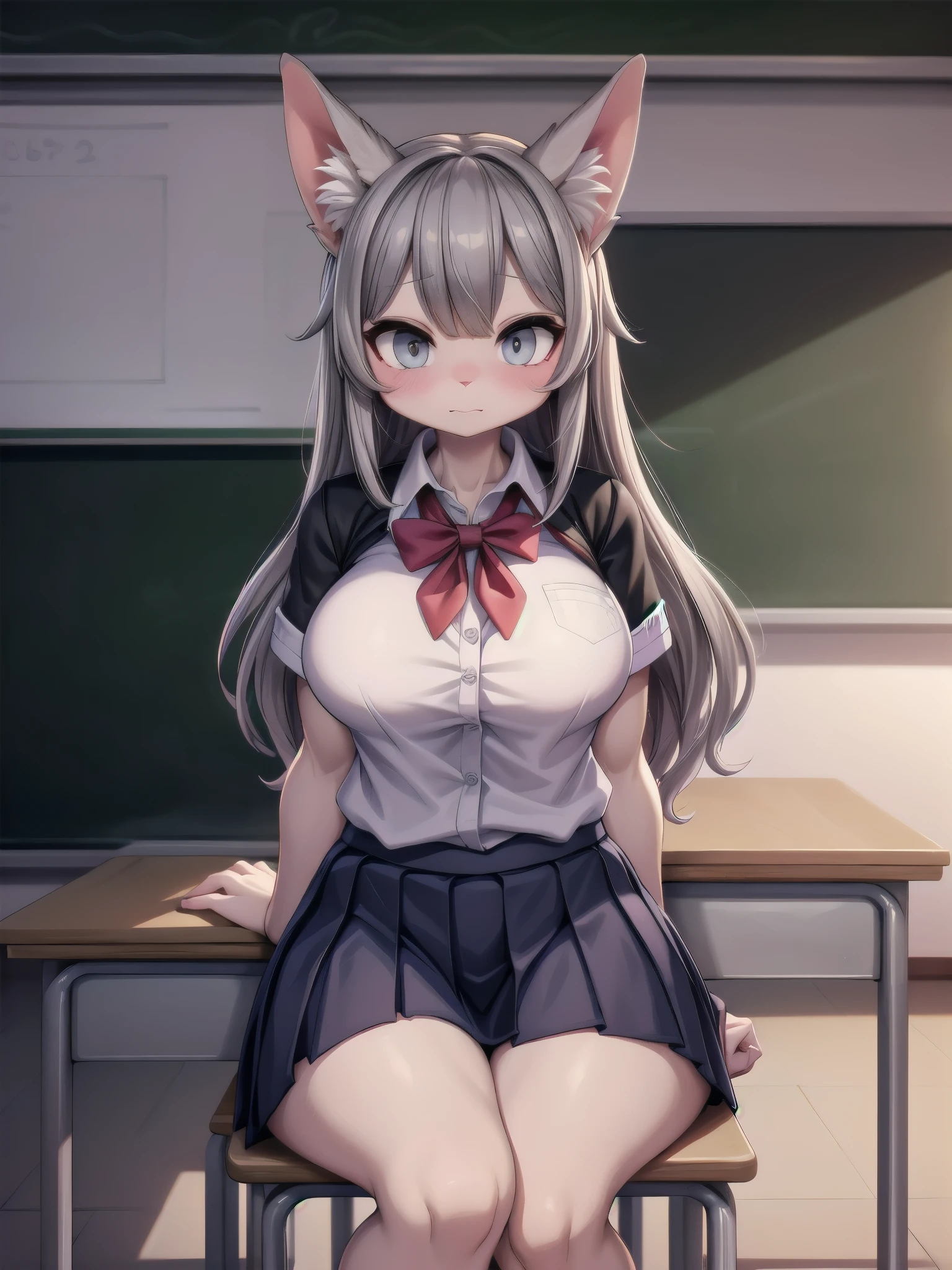 (big sagging boobs:0.75), school uniform, Gray Hair, Thick legs. shy, classroom,
