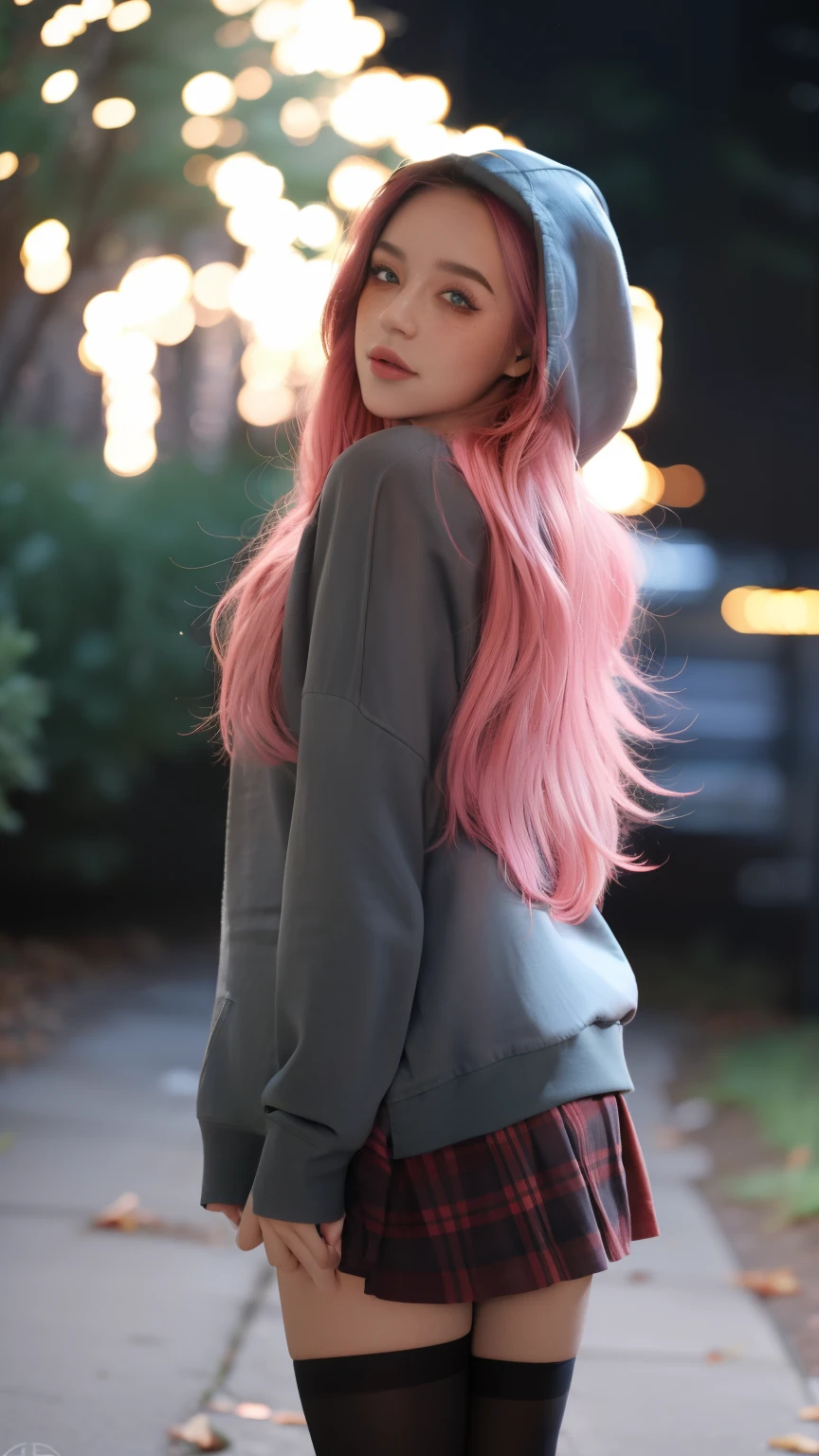 masterpiece, best quality, absurdities, perfect anatomy , pink haired, freckles, alone, LegionSusie , plaid skirt, pantyhose , hoodie, hood up, dark, forest, night, arms behind the back,