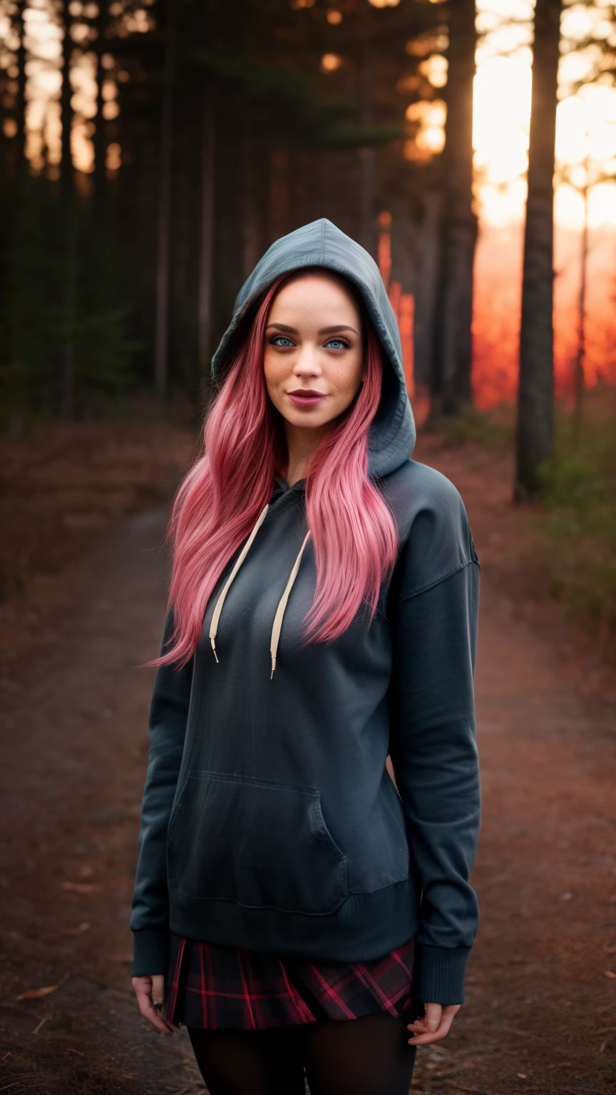 masterpiece, best quality, absurdities, perfect anatomy , pink haired, freckles, alone, LegionSusie , plaid skirt, pantyhose , hoodie, hood up, dark, forest, night, arms behind the back,