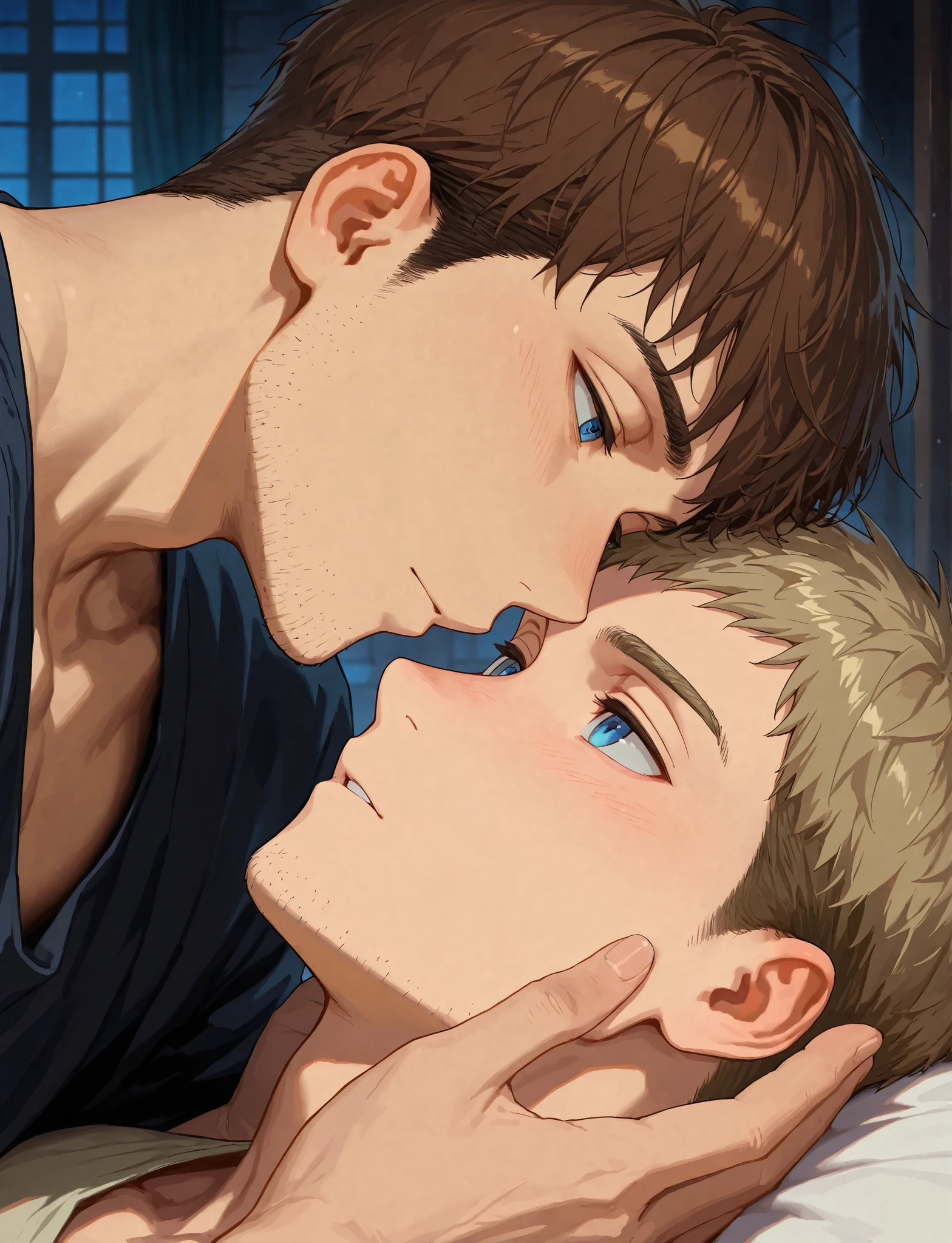 ((the best quality, incredible detail)), 2 men are depicted, both men are adults 30 years old, the era of the Middle Ages, the appearance of man No. 1: (short brown hair, short stubble, blue eyes, tall), the appearance of man No. 2: (light brown hair, short haircut with shaved temples, short stubble, tall), two men gently kissing, caressing each other,